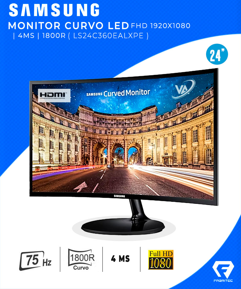 MONITOR CURVO SAMSUNG 24 LED, FHD 1920X1080 ( LS24C360EALXPE ) VA, HDMI, 75HZ, 4MS, 1800R