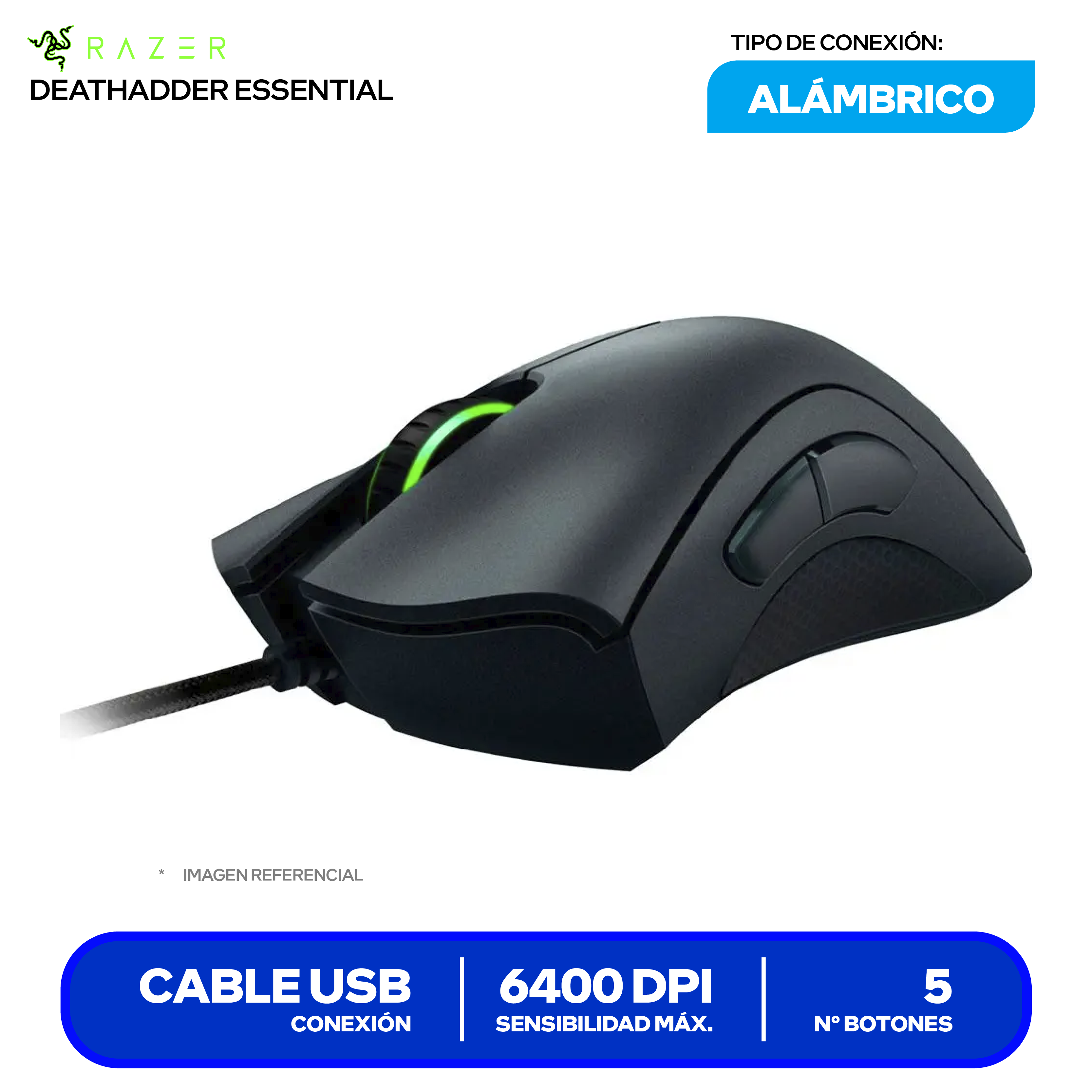 Mouse Gamer Ergonómico Razer DeathAdder Essential (RZ01-03850100-R3U1) Negro, 6400 DPI