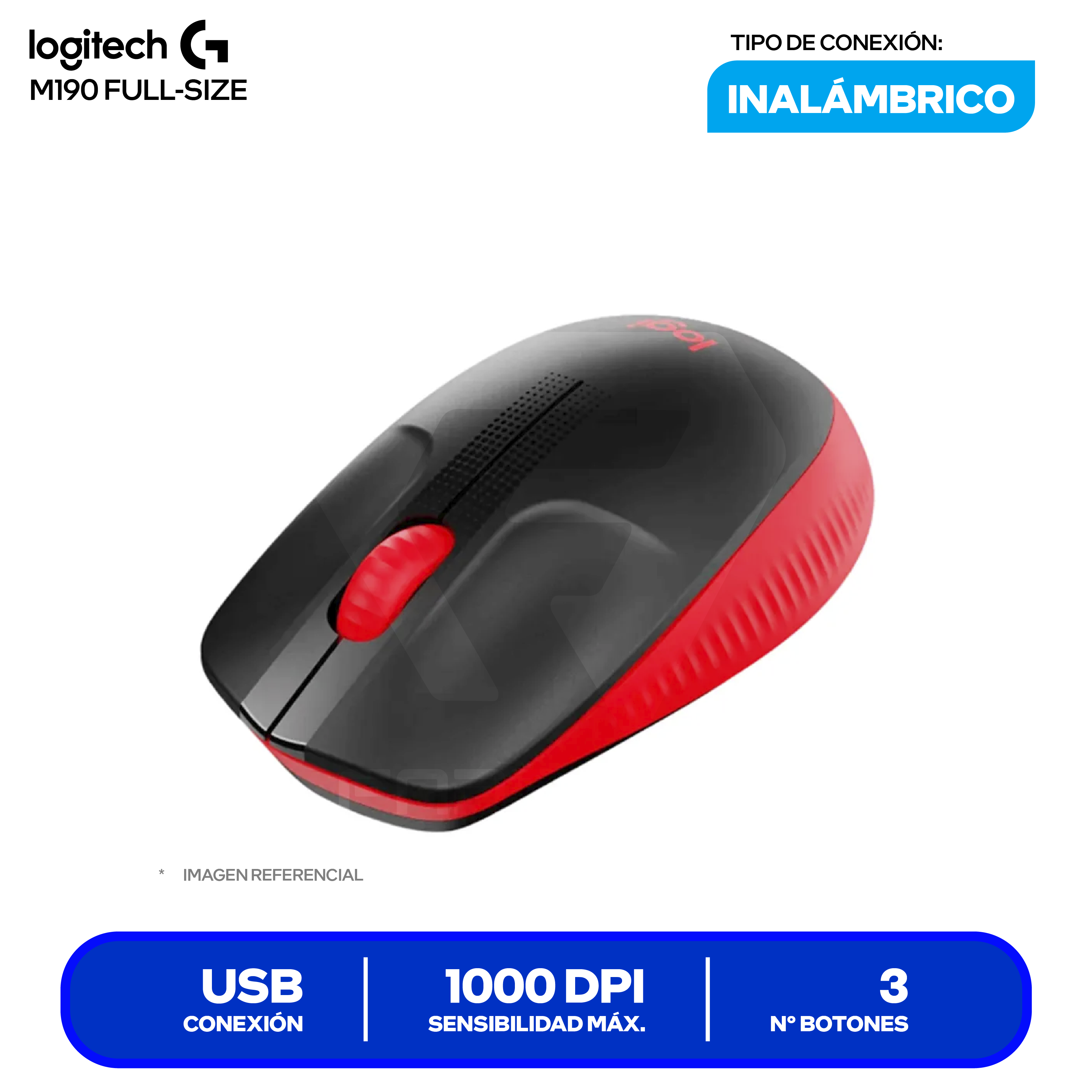 Mouse Inalámbrico Logitech M190 (910-005904) Rojo 1000 DPI