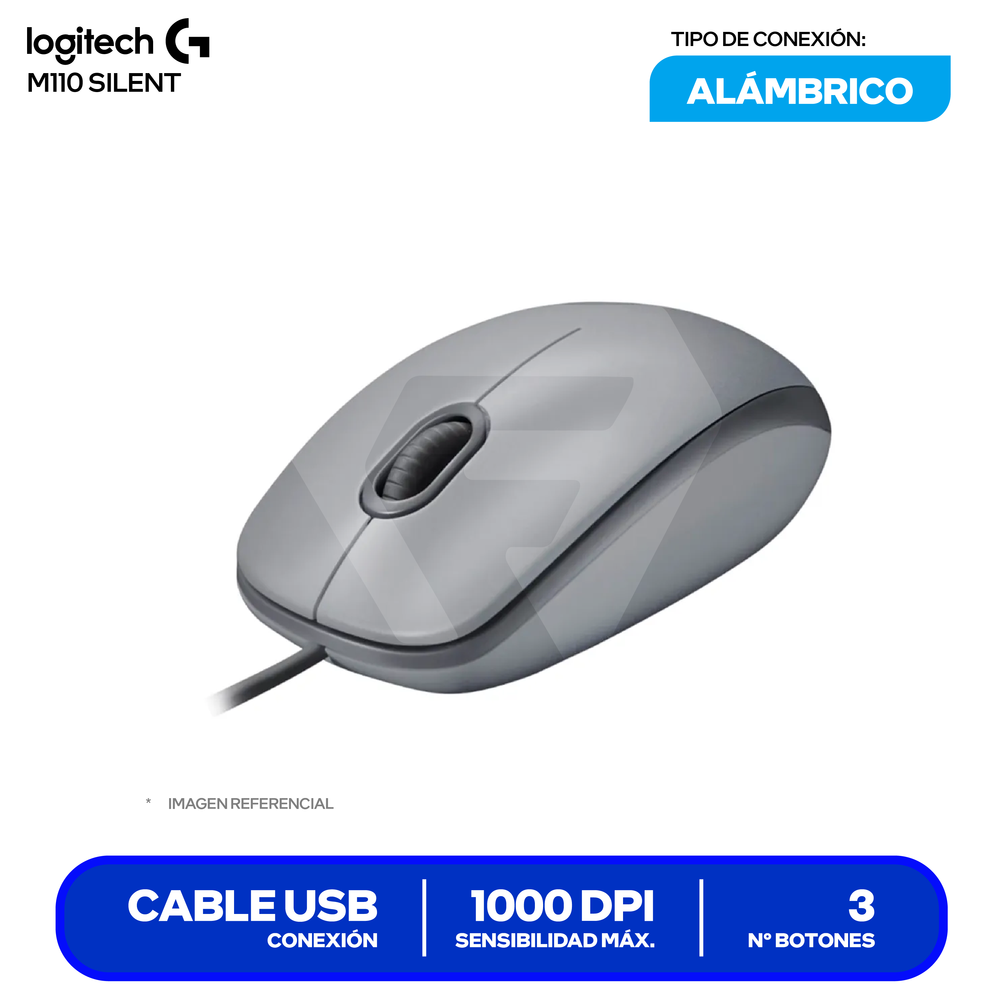 Mouse Alámbrico Logitech M110 Silent ( 910-006757 ) Gris 1000 DPI