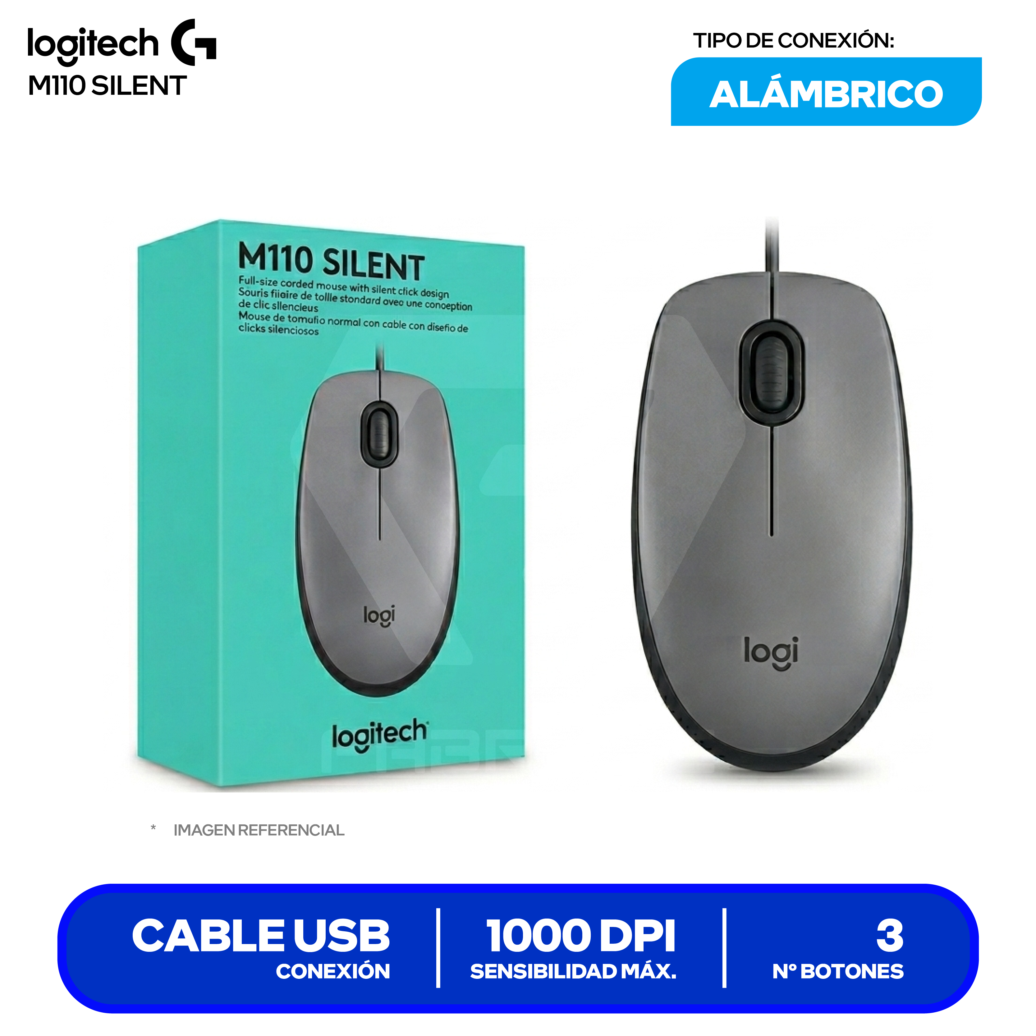 Mouse Alámbrico Logitech M110 Silent ( 910-006757 ) Gris 1000 DPI