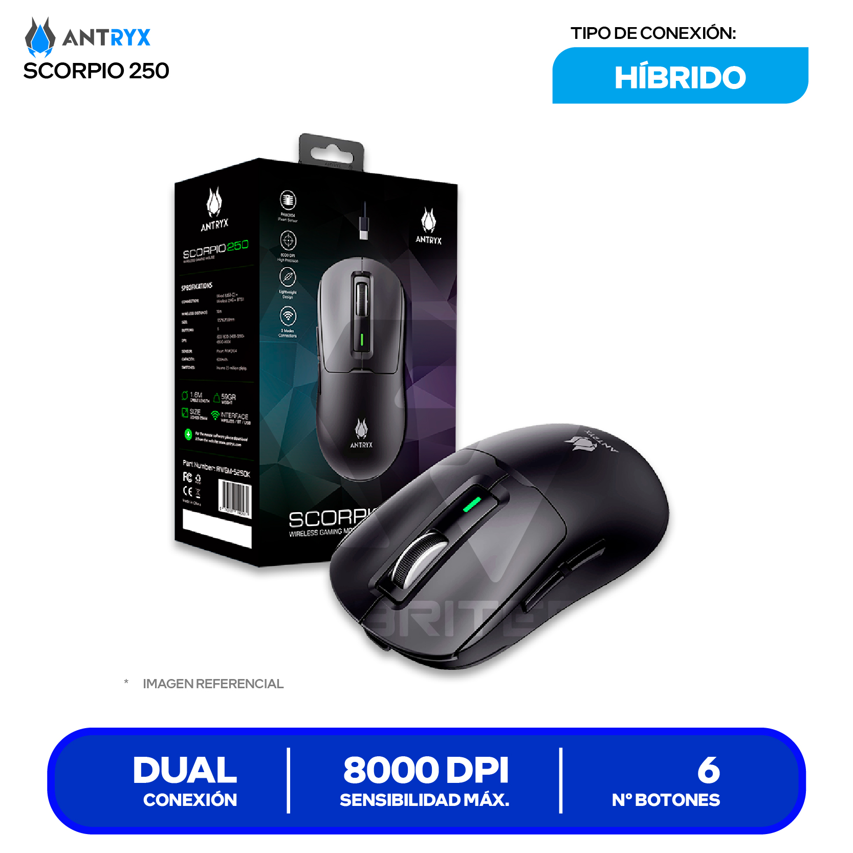 Mouse Gamer Inalámbrico Antryx Scorpio 250 ( AWGM-5250K ) Negro 8000 DPI