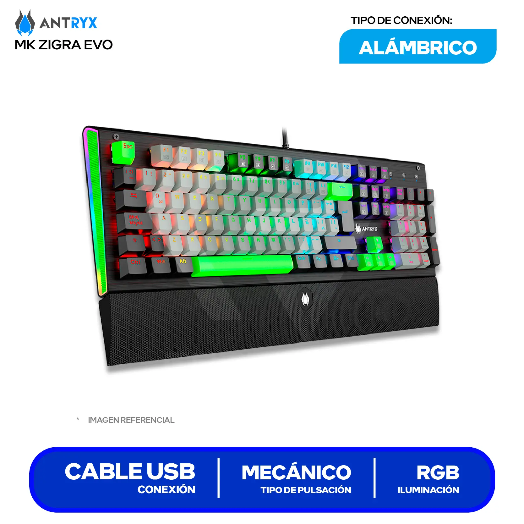 Teclado Gamer Antryx MK Zigra EVO ( AMK-900KR1RE-SP ) Switch  Red, Mecánico RGB