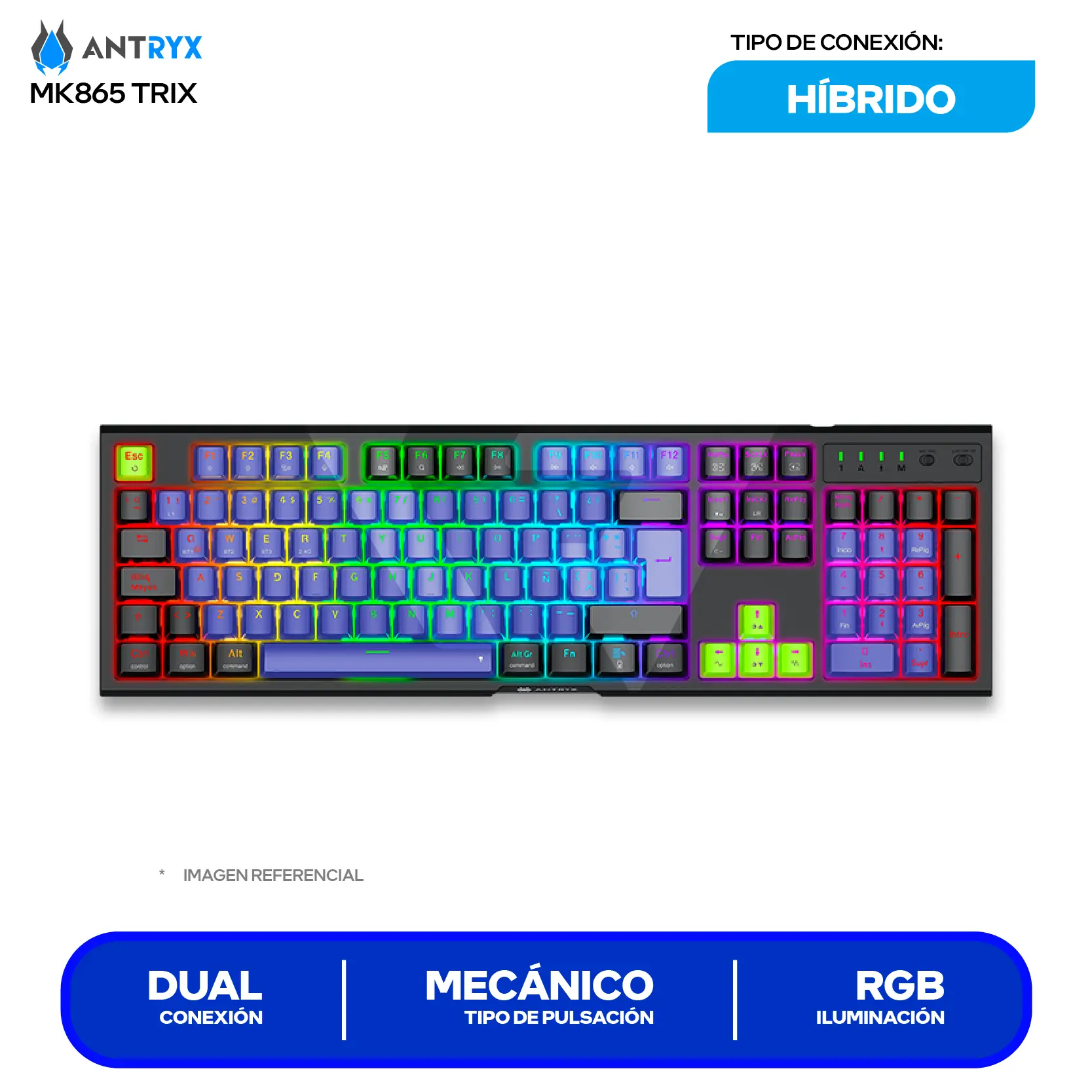 Teclado Gamer Inalámbrico Antryx MK-865 Trix Lila C/ Negro ( AMK-865TXKRE-SP ) Switch Red,  Mecánico RGB