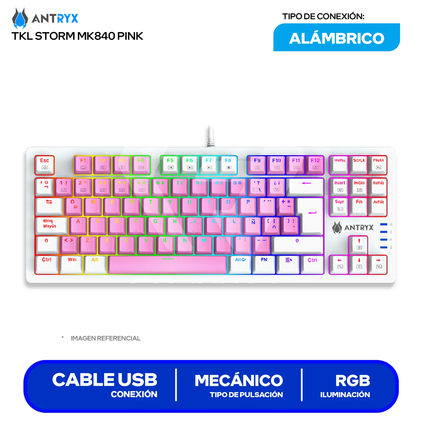 Teclado Gamer Antryx MK-840 Pink ( AMK-CS840PRE-SP )  Switch Blue, Mecánico RGB
