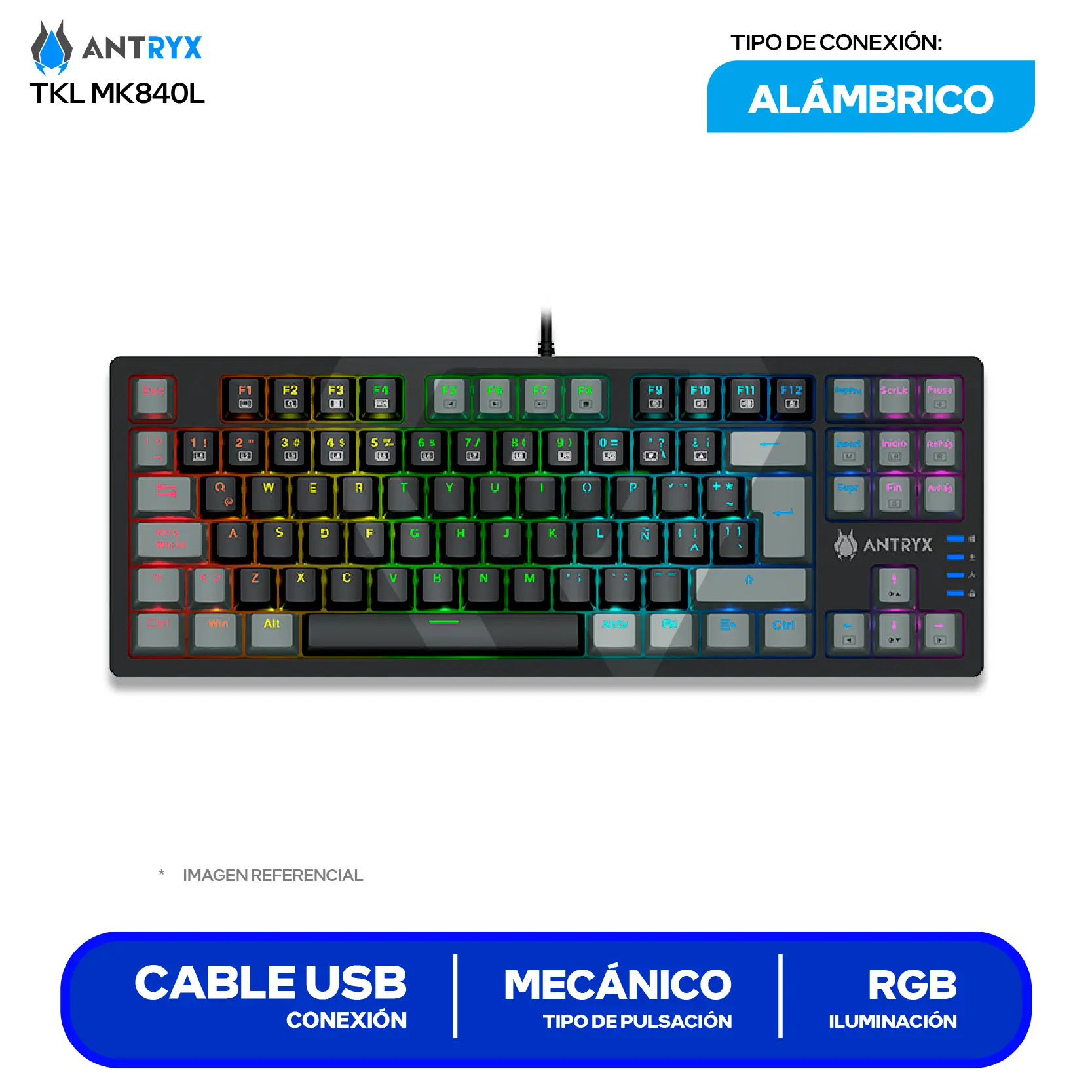 Teclado Gamer Antryx MK-840L Negro C/ Gris ( AMK-840LKGRER1-SP ) Switch Red, Mecánico RGB