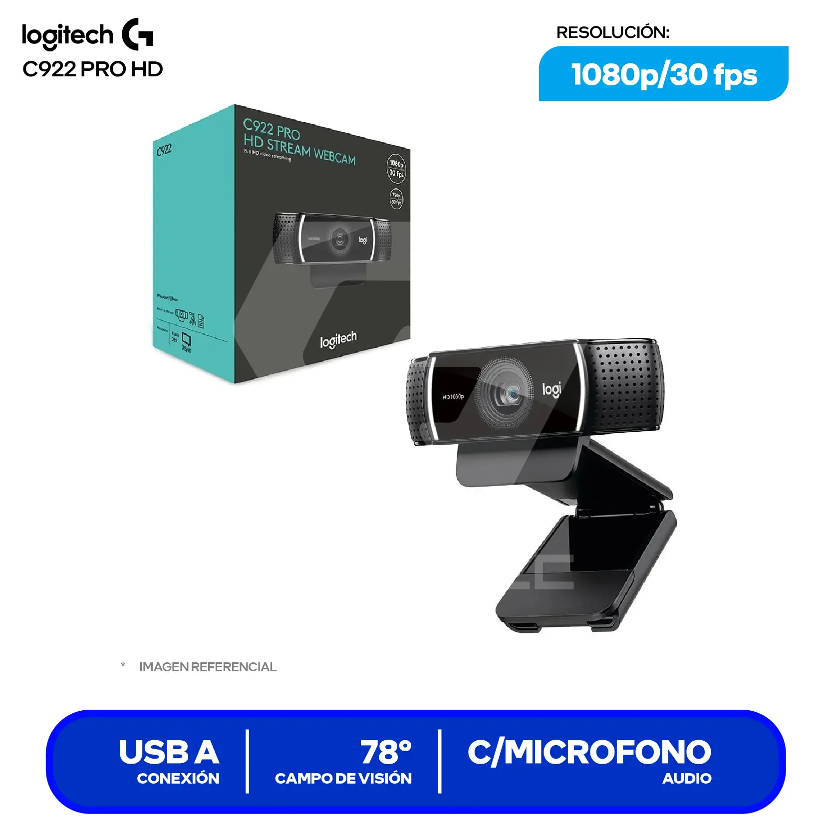 Cámara Web Logitech C922 Pro Stream Negro (960-001087) Full HD 1080p, Micrófono estéreo + Trípode
