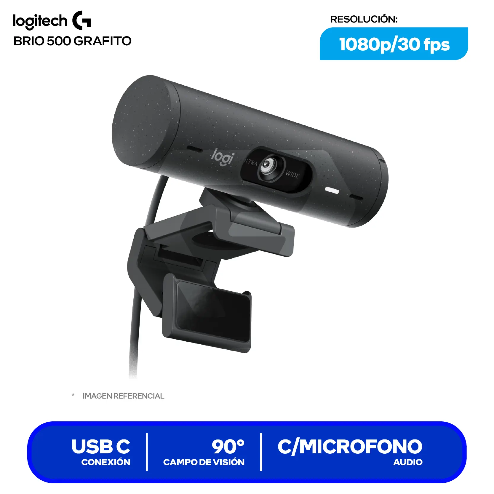 Cámara Web Logitech Brio 500 Grafito (960-001412)  Full HD 1080p, Micrófono integrado