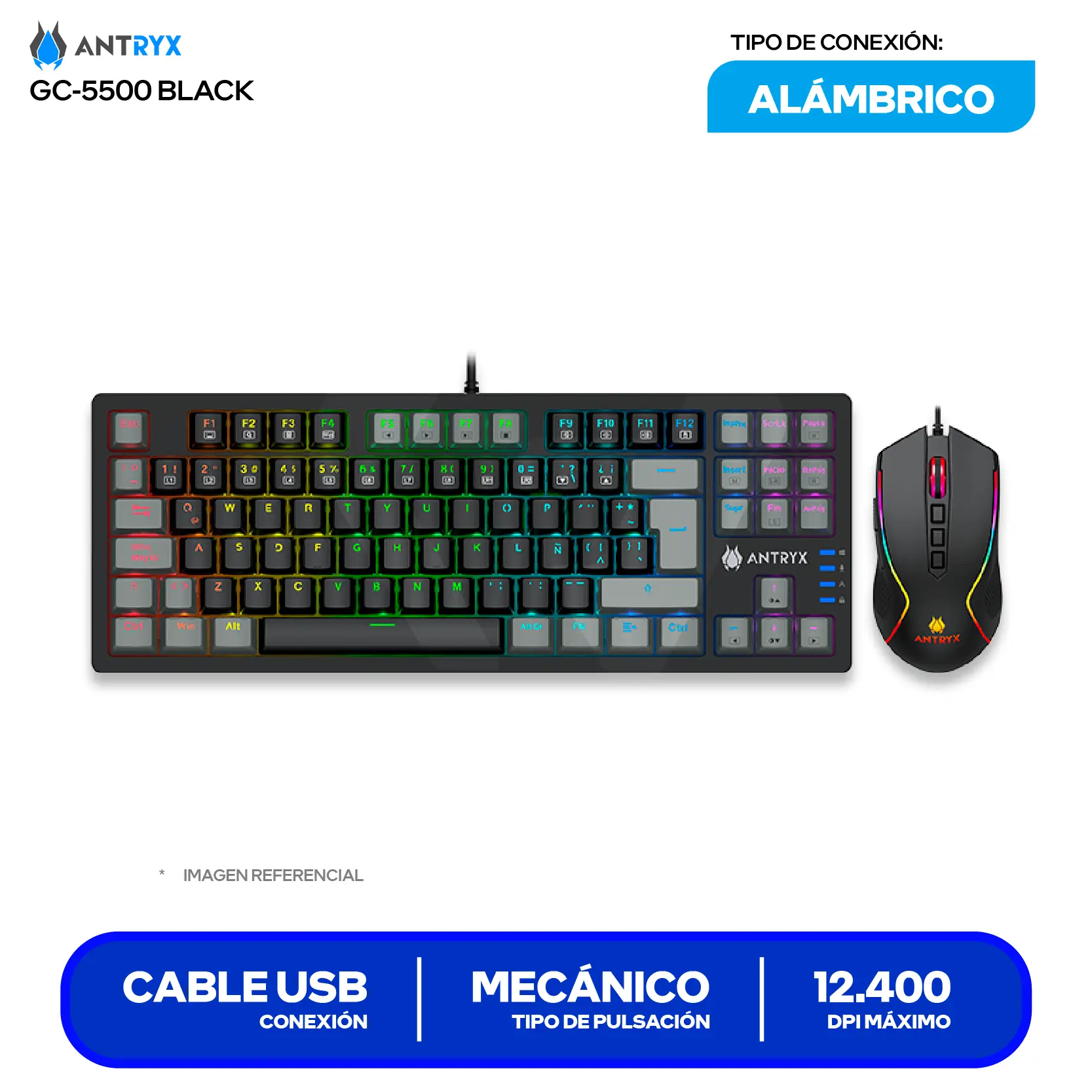 Kit Teclado + Mouse Gamer Antryx GC-5500 (AGC-5500KBL-SP) Switch Blue, RGB, 12400 DPI