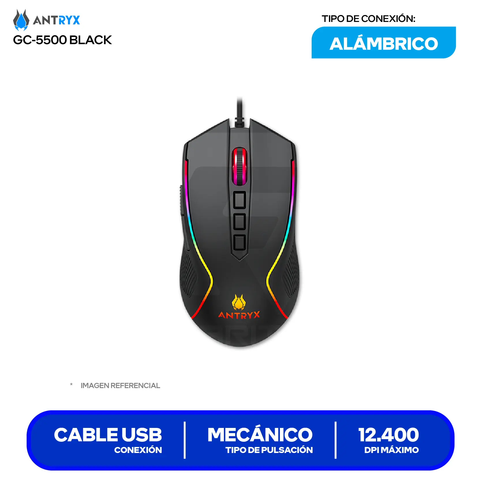 Kit Teclado + Mouse Gamer Antryx GC-5500 (AGC-5500KBL-SP) Switch Blue, RGB, 12400 DPI
