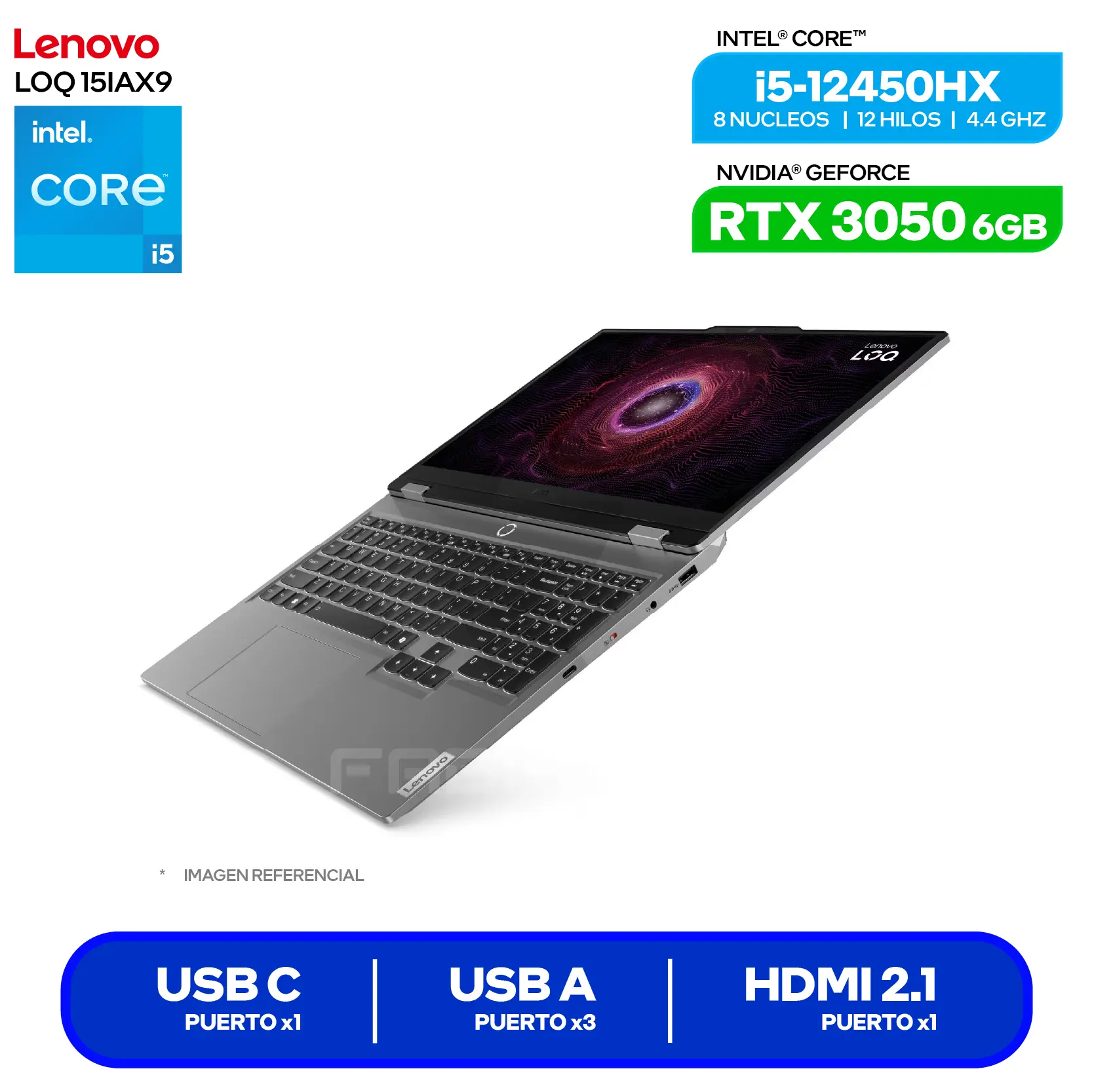 Laptop Lenovo LOQ 15IAX9 (83GS006WLM) Intel Core i5-12450HX, GeForce RTX 3050 6GB, RAM 8GB, SSD 512GB, 15.6'' FHD, FreeDos