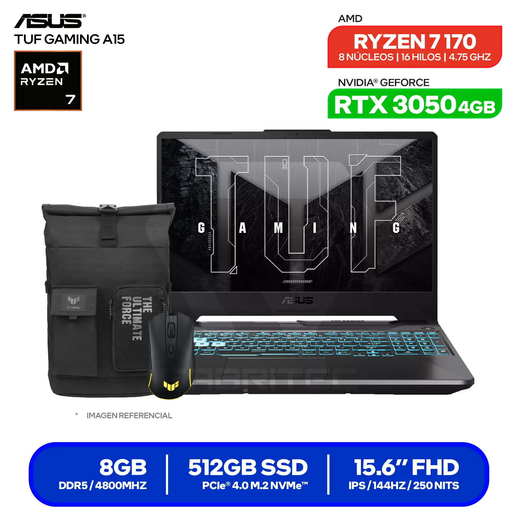 Laptop Asus Tuf Gaming A15 FA506NCQ-HN078 (90NR0QE7-M00490) AMD Ryzen 7 170, GeForce RTX 3050 4GB, RAM 8GB, SSD 512GB, 15.6'' FHD, FreeDos