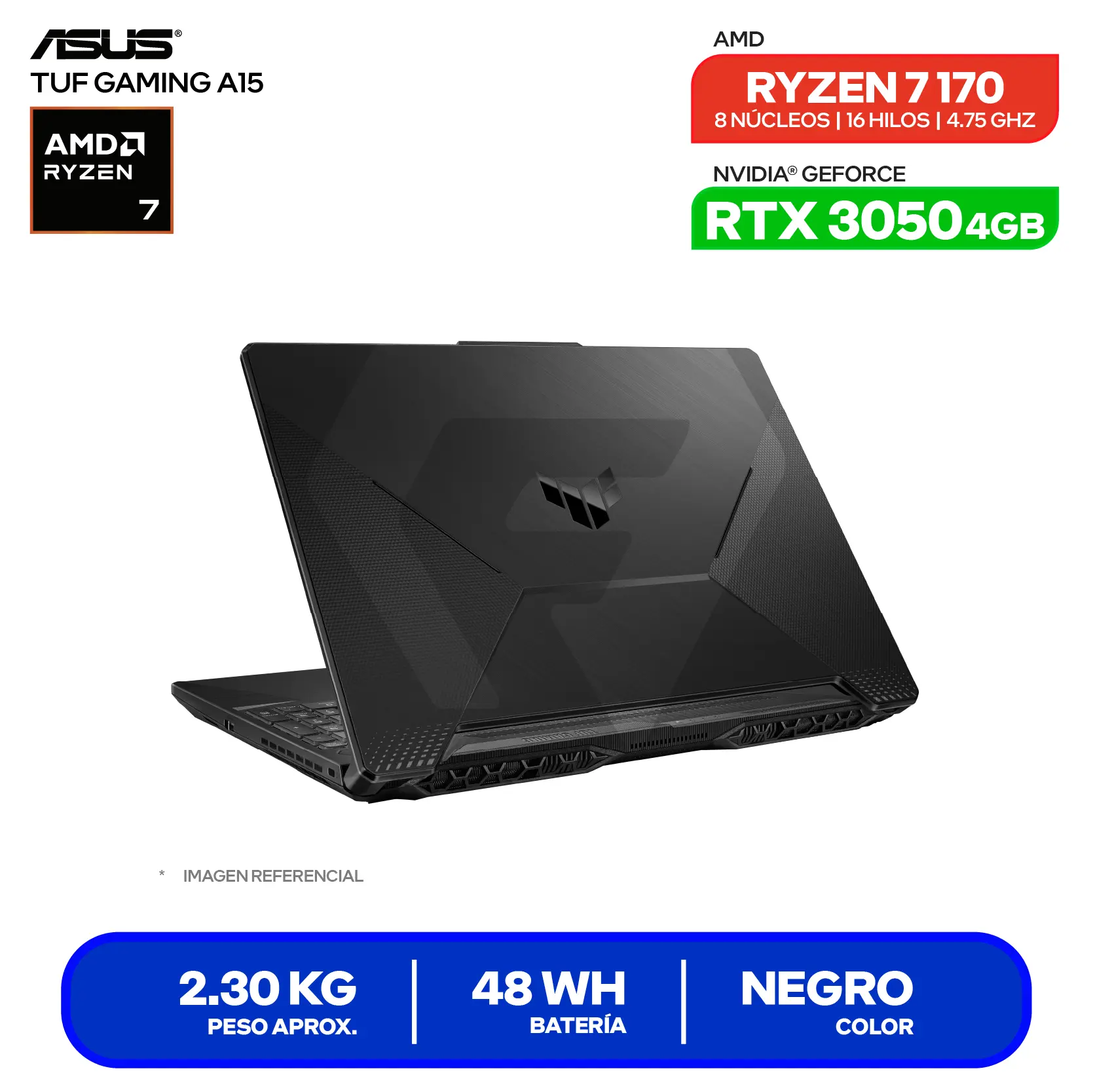 Laptop Asus Tuf Gaming A15 FA506NCQ-HN078 (90NR0QE7-M00490) AMD Ryzen 7 170, GeForce RTX 3050 4GB, RAM 8GB, SSD 512GB, 15.6'' FHD, FreeDos