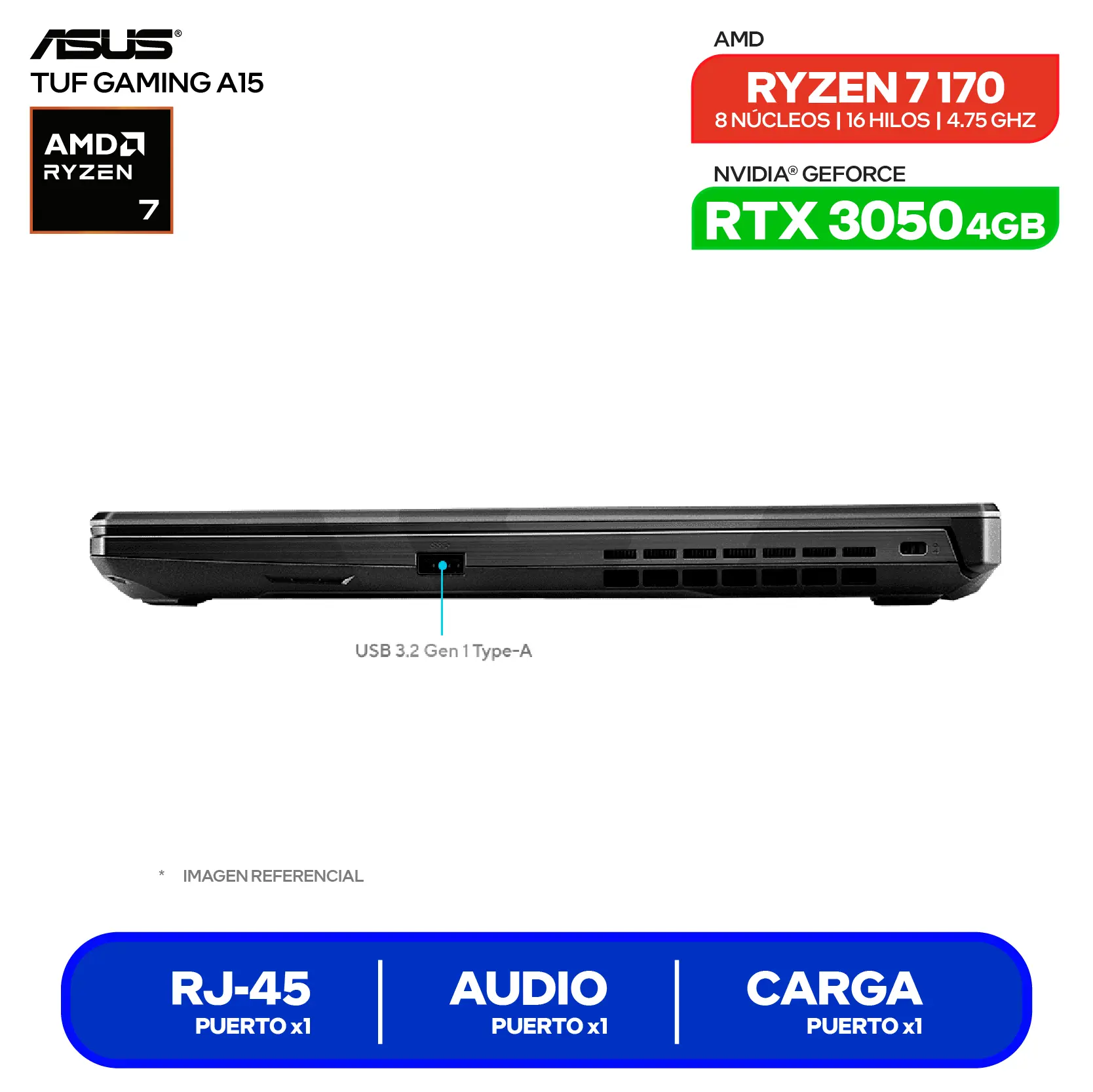 Laptop Asus Tuf Gaming A15 FA506NCQ-HN078 (90NR0QE7-M00490) AMD Ryzen 7 170, GeForce RTX 3050 4GB, RAM 8GB, SSD 512GB, 15.6'' FHD, FreeDos