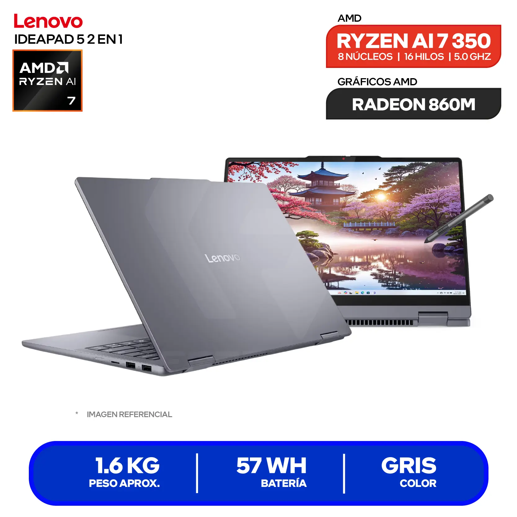 Laptop Lenovo IdeaPad 5 2 en 1 14AKP10 (83KT006NLM) AMD Ryzen AI 7 350, RAM 16GB, SSD 512GB, 14'' FHD+ Táctil C/Lápiz, FreeDos