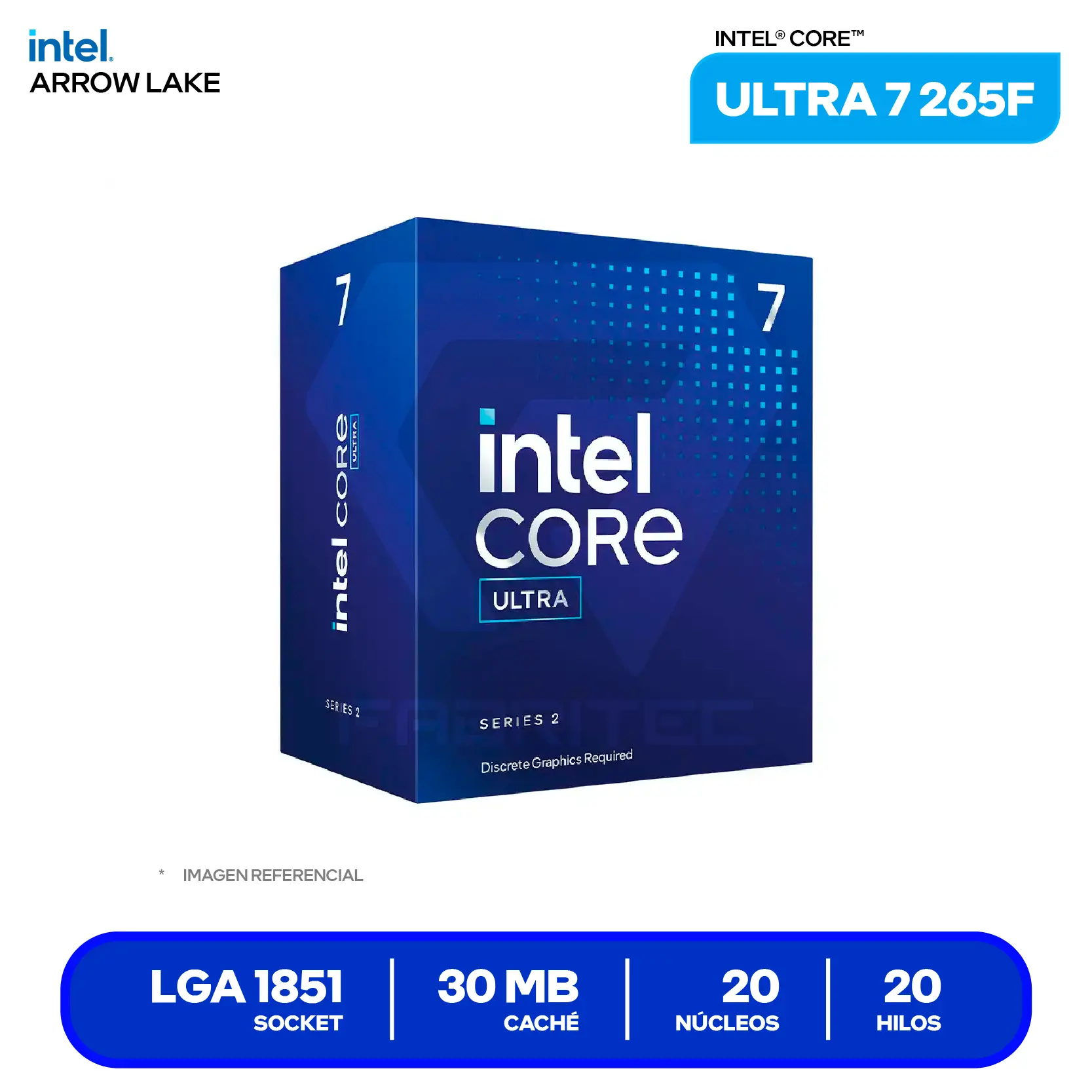 Procesador Intel Core Ultra 7 265F (BX80768265F) 2.4GHz / 5.3GHz, 20 Núcleos, LGA1851