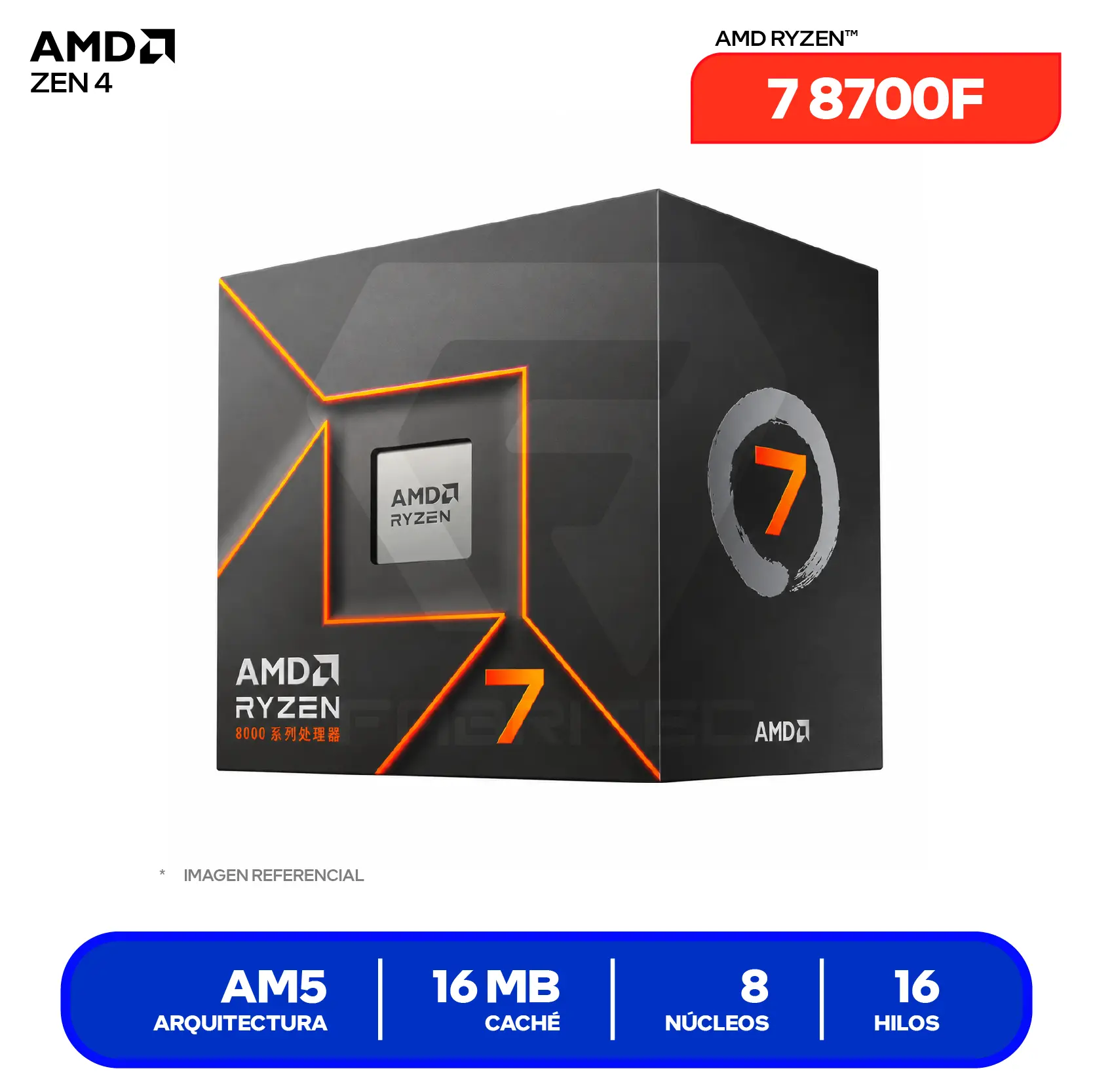 Procesador AMD Ryzen 7 9800X3D (100-100001084WOF) 4.7GHz / 5.2GHz, 8 Núcleos, AM5
