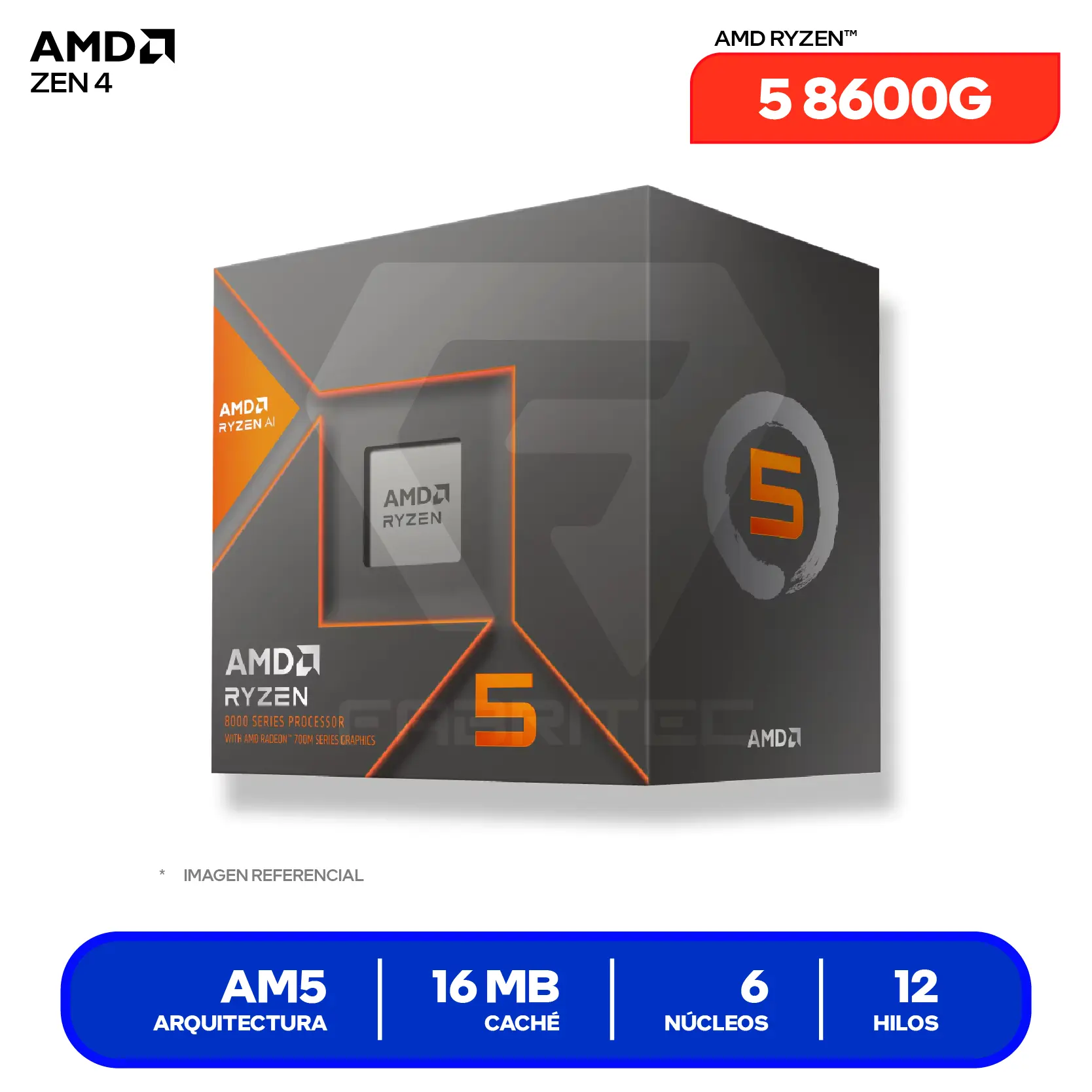 Procesador AMD Ryzen 5 8600G (100-100001237BOX) 4.3 GHz / 5.0 GHz, 6 Núcleos, AM5