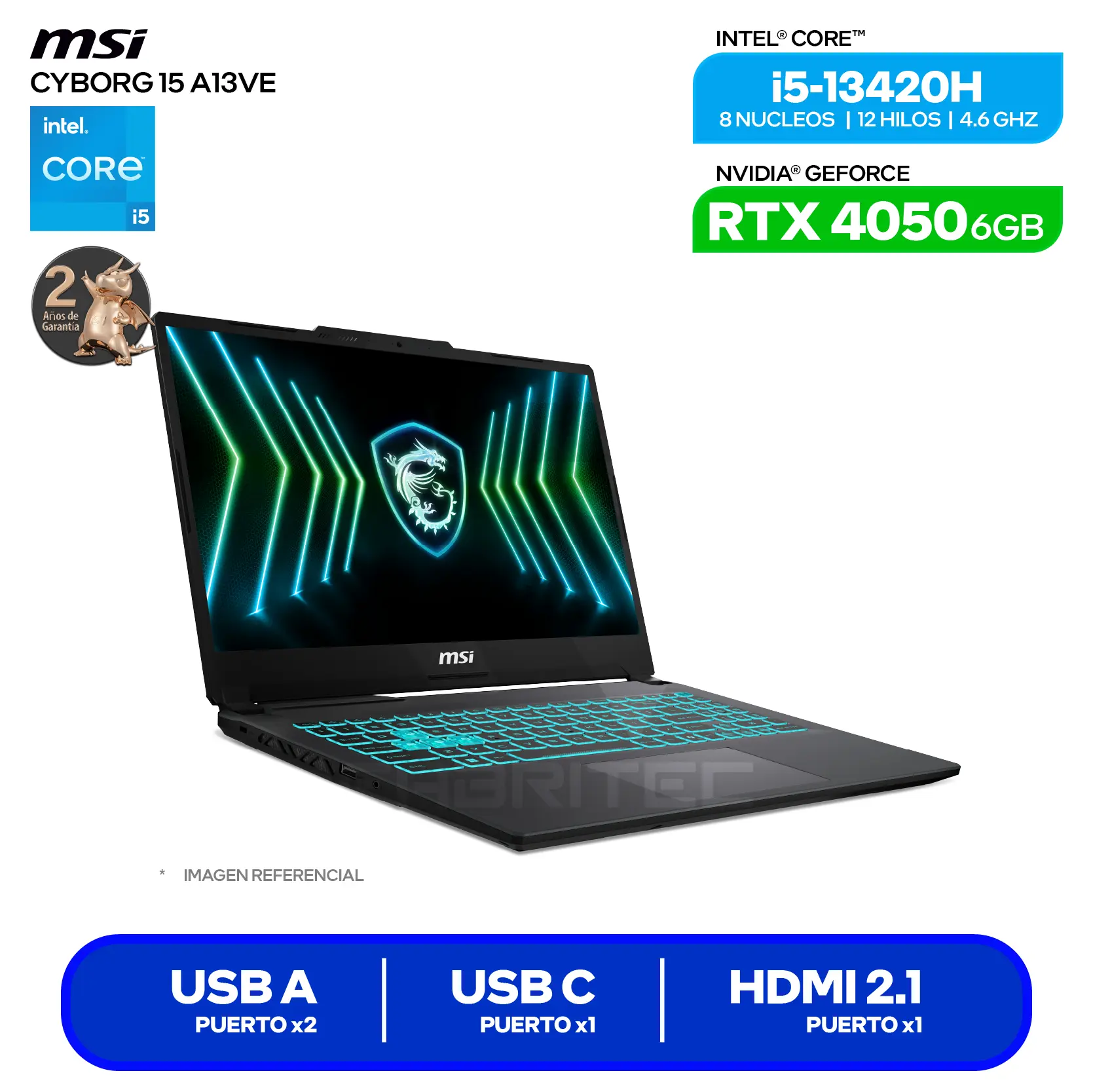 Laptop Gaming MSI Cyborg 15 A13VE-2469XPE (9S7-15K112-2469) Intel Core i5-13420H, GeForce RTX 4050 6GB, RAM 16GB, SSD 512GB, 15.6'' FHD, FreeDos