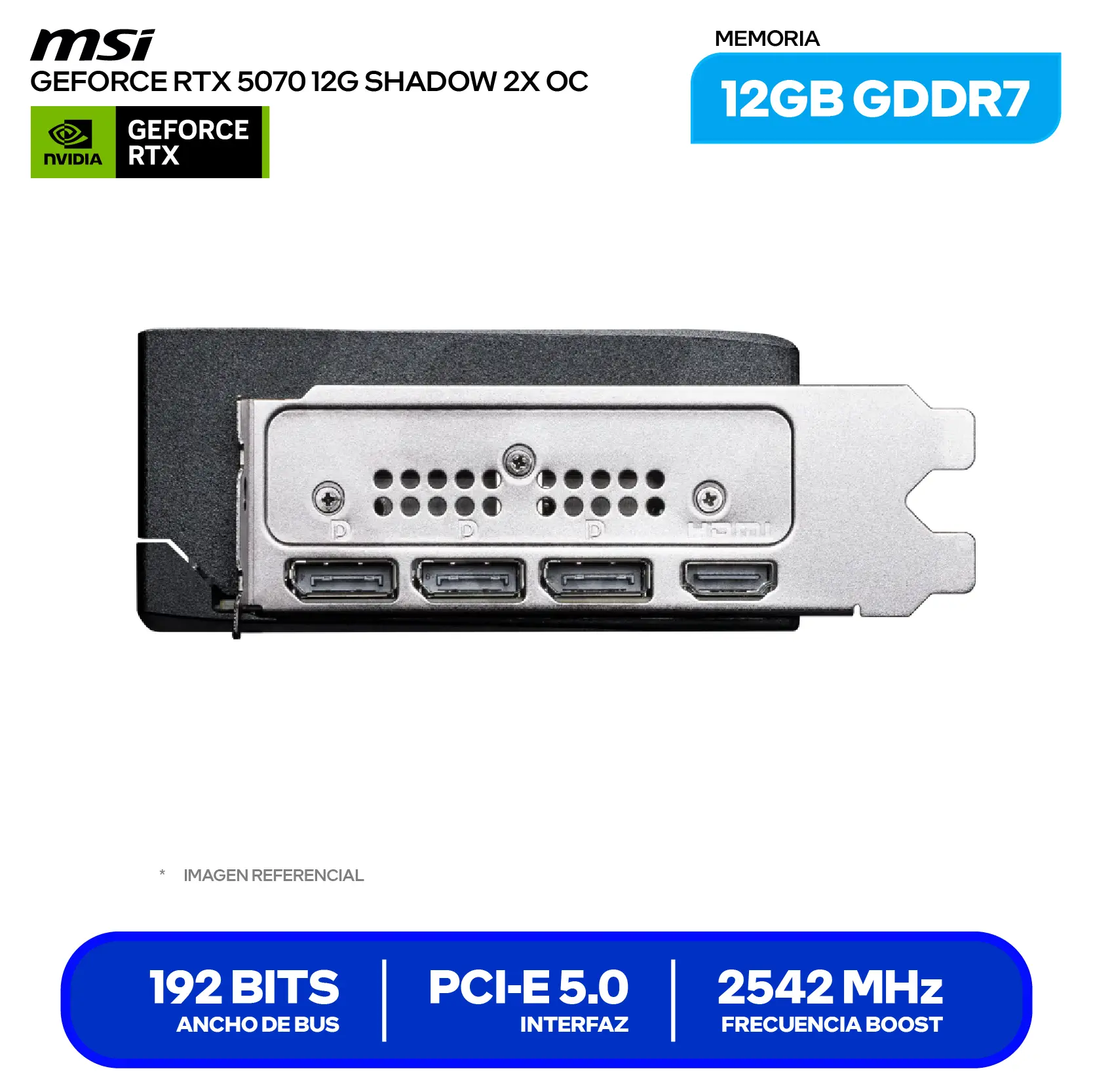 Tarjeta de video MSI GeForce RTX 5070 Shadow X2 OC 12GB (G5070-12S2C) GDDR7, 3x DisplayPort, 1x HDMI