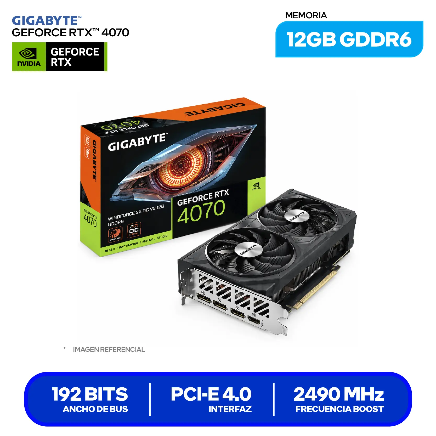 Tarjeta de video Gigabyte NVIDIA GeForce RTX 4070 12GB OC GDDR6 Windforce 2X V2 (GV-N4070WF2OCV2-12GD) GDDR6, 3x DisplayPort, 1x HDMI