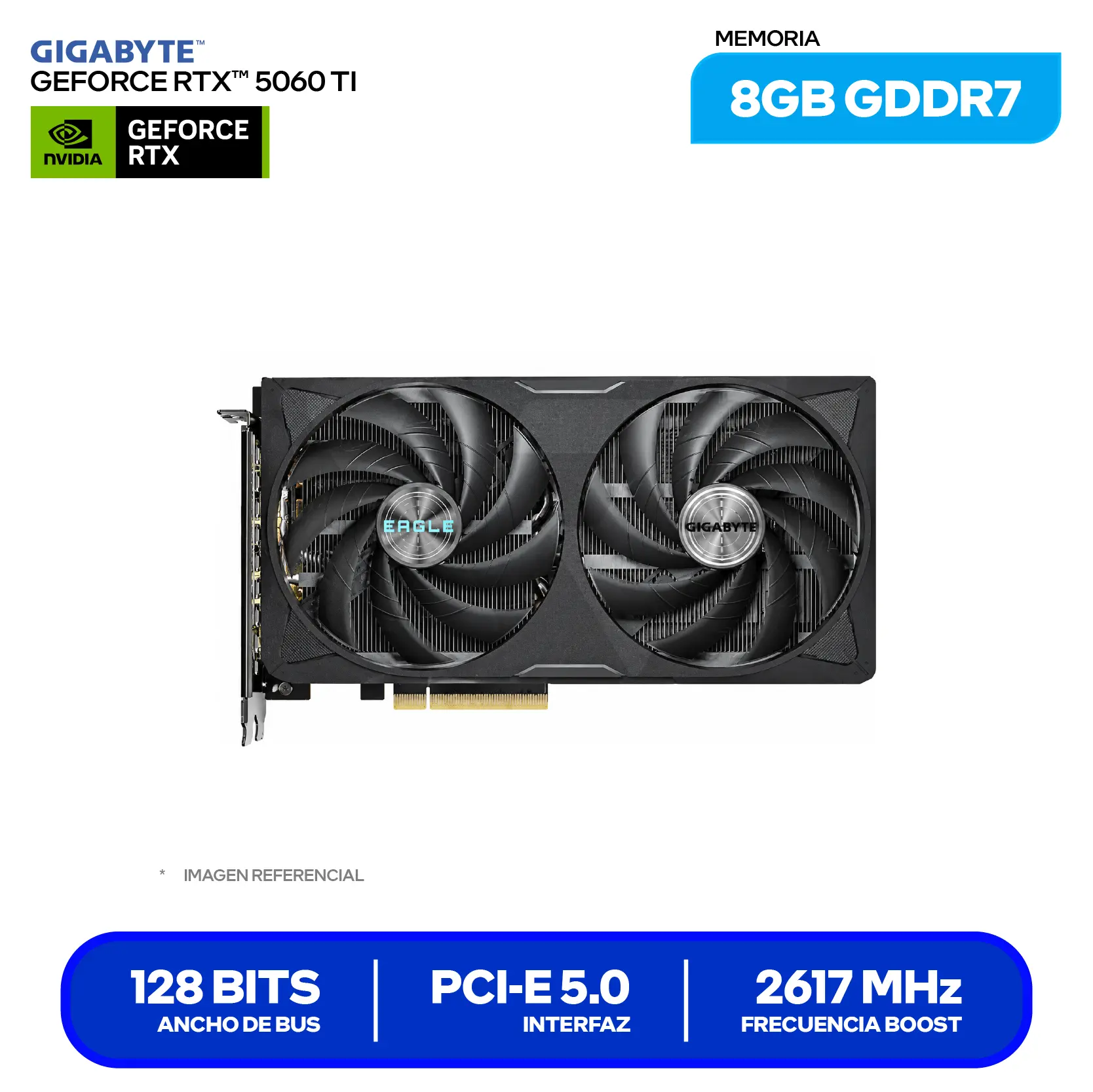 Tarjeta de video Gigabyte NVIDIA GeForce RTX 5060 Ti 8GB Eagle OC (GV-N506TEAGLE OC-8GD) GDDR7, 3x DisplayPort, 1x HDMI