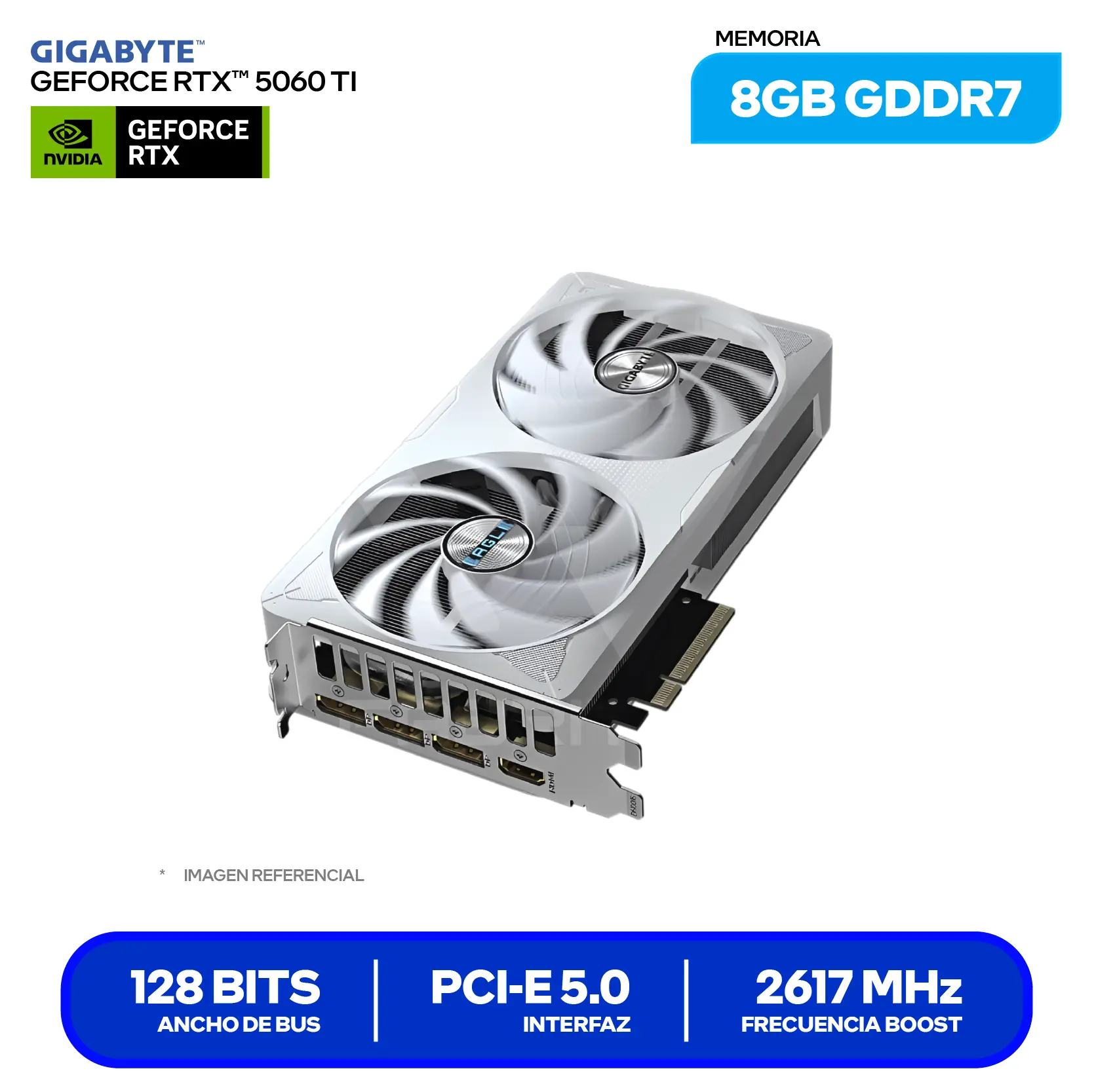Tarjeta de video Gigabyte NVIDIA GeForce RTX 5060 Ti 8GB Eagle Ice OC (GV-N506TEAGLEOC ICE-8GD) GDDR7, 3x DisplayPort, 1x HDMI