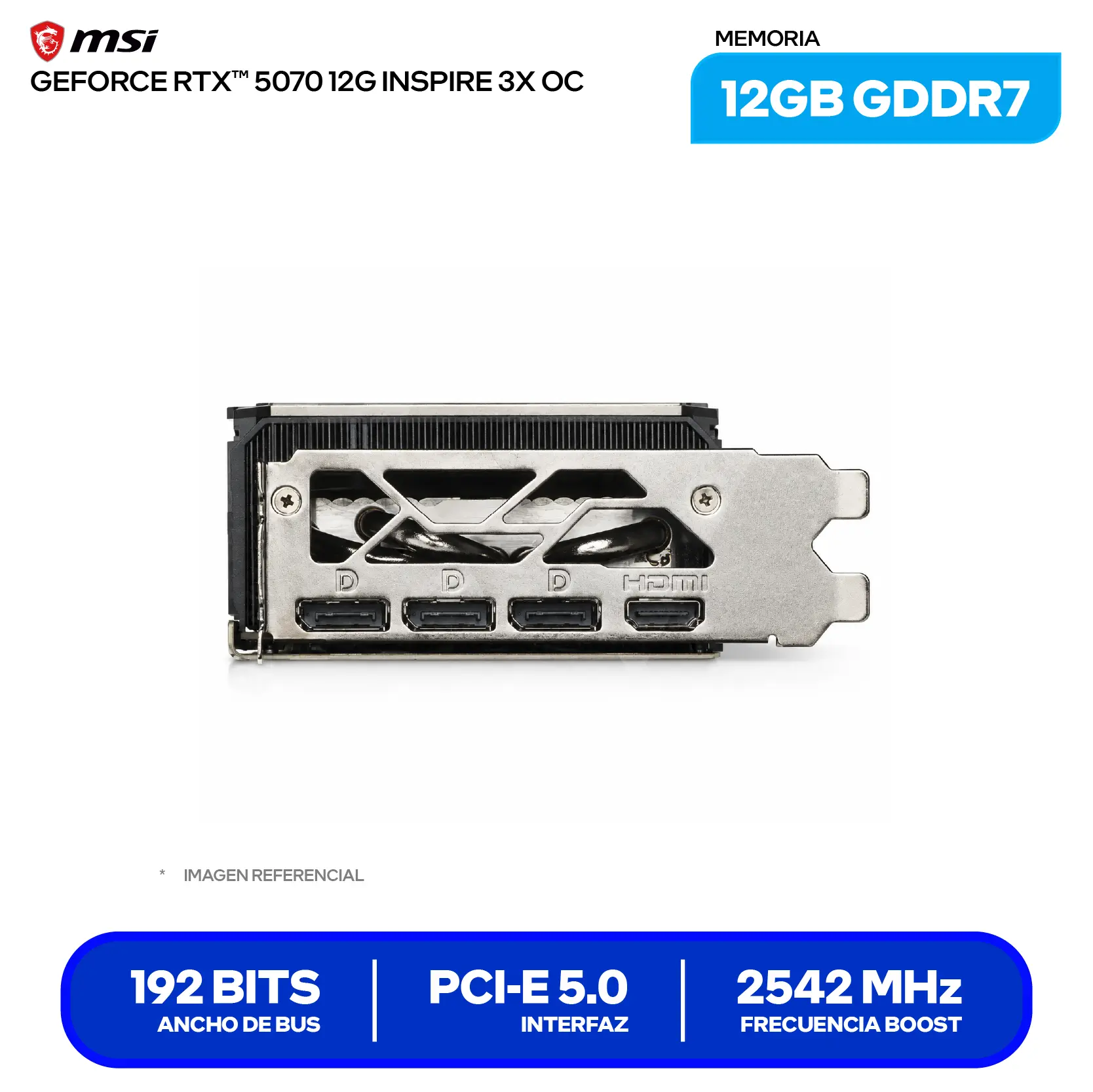 Tarjeta de video MSI NVIDIA GeForce RTX 5070 Inspire 3X OC 12GB (912-V532-211) GDDR7, 3x DisplayPort, 1x HDMI