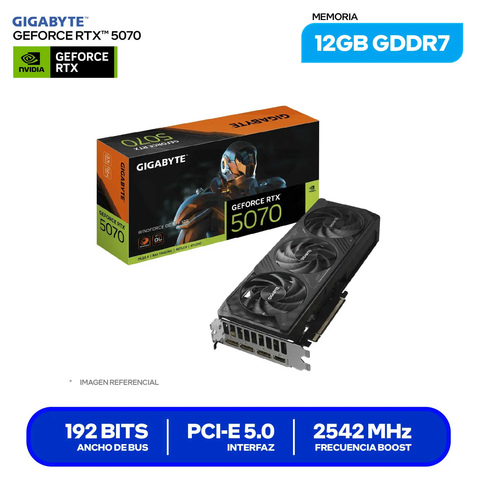 Tarjeta de video Gigabyte NVIDIA GeForce RTX 5070 Windforce OC SFF 12GB (GV-N5070WF3OC-12GD) GDDR7, 3x DisplayPort, 1x HDMI