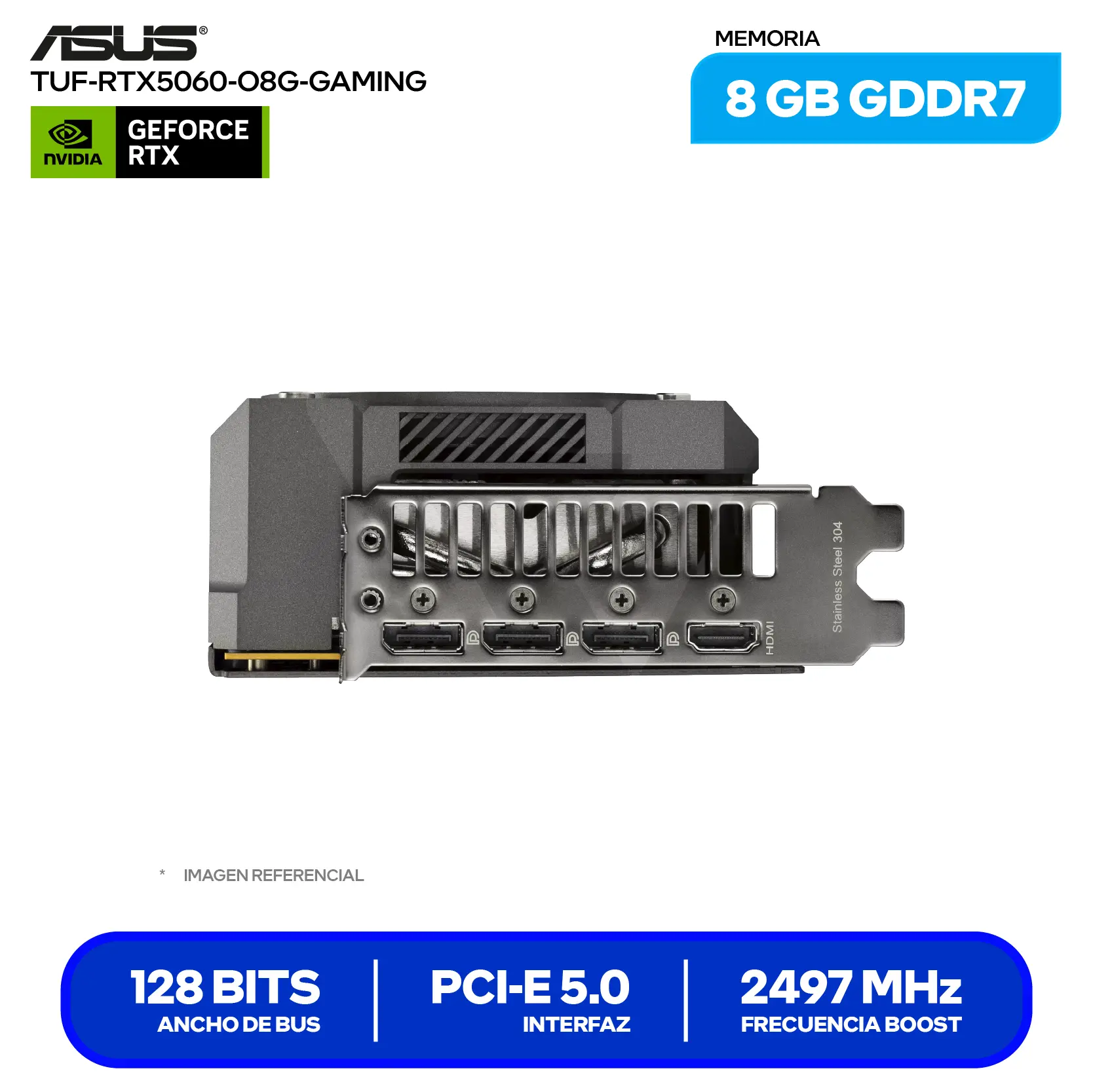 Tarjeta de video Asus TUF Gaming GeForce RTX 5060 8GB OC Edition (TUF-RTX5060-O8G-GAMING) GDDR7, 3x DisplayPort 2.1, 1x HDMI 2.1