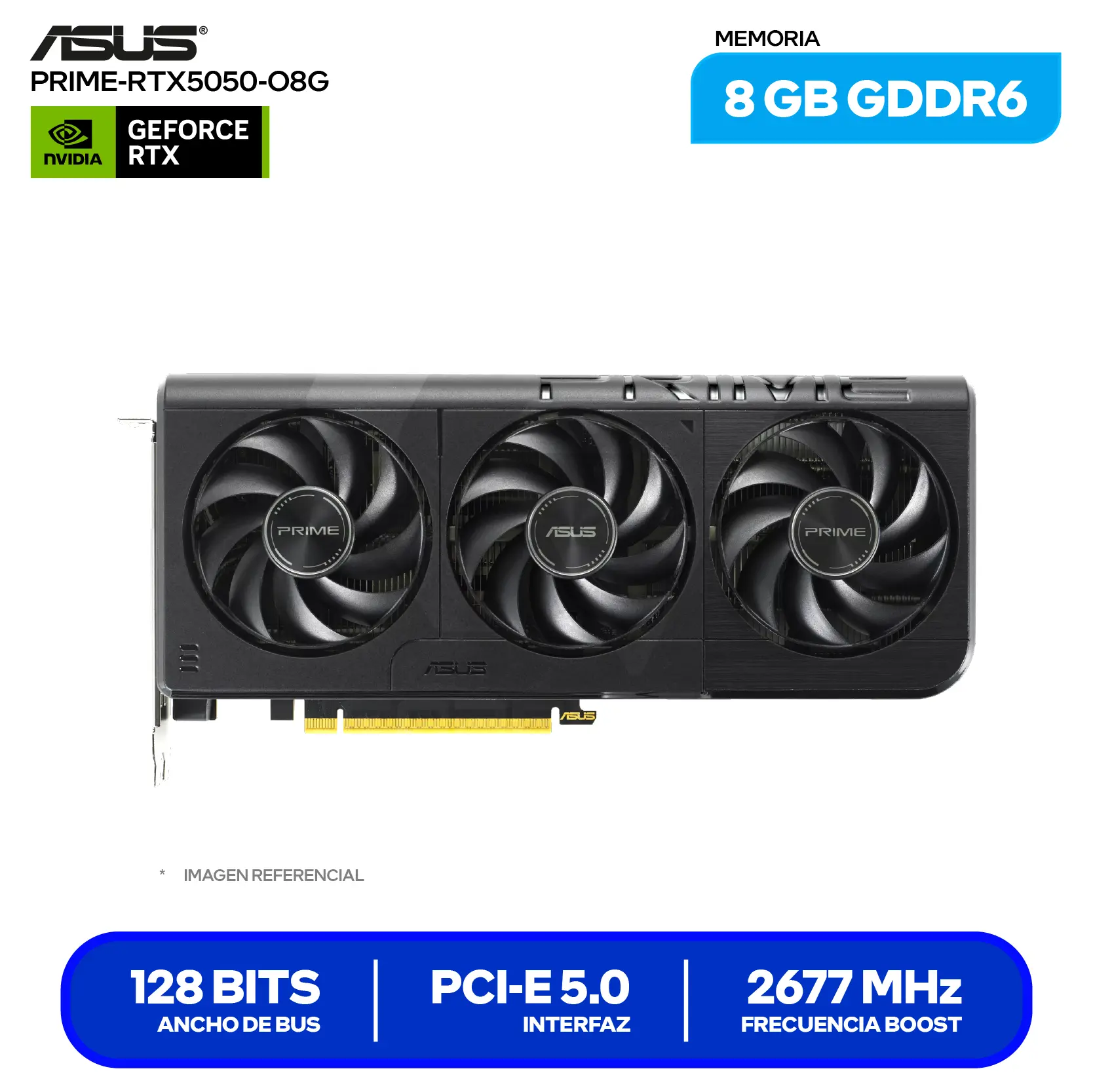 Tarjeta de video Asus Prime NVIDIA GeForce RTX 5050 8GB OC Edition (PRIME-RTX5050-O8G) GDDR6, 3x DisplayPort 2.1, 1x HDMI 2.1