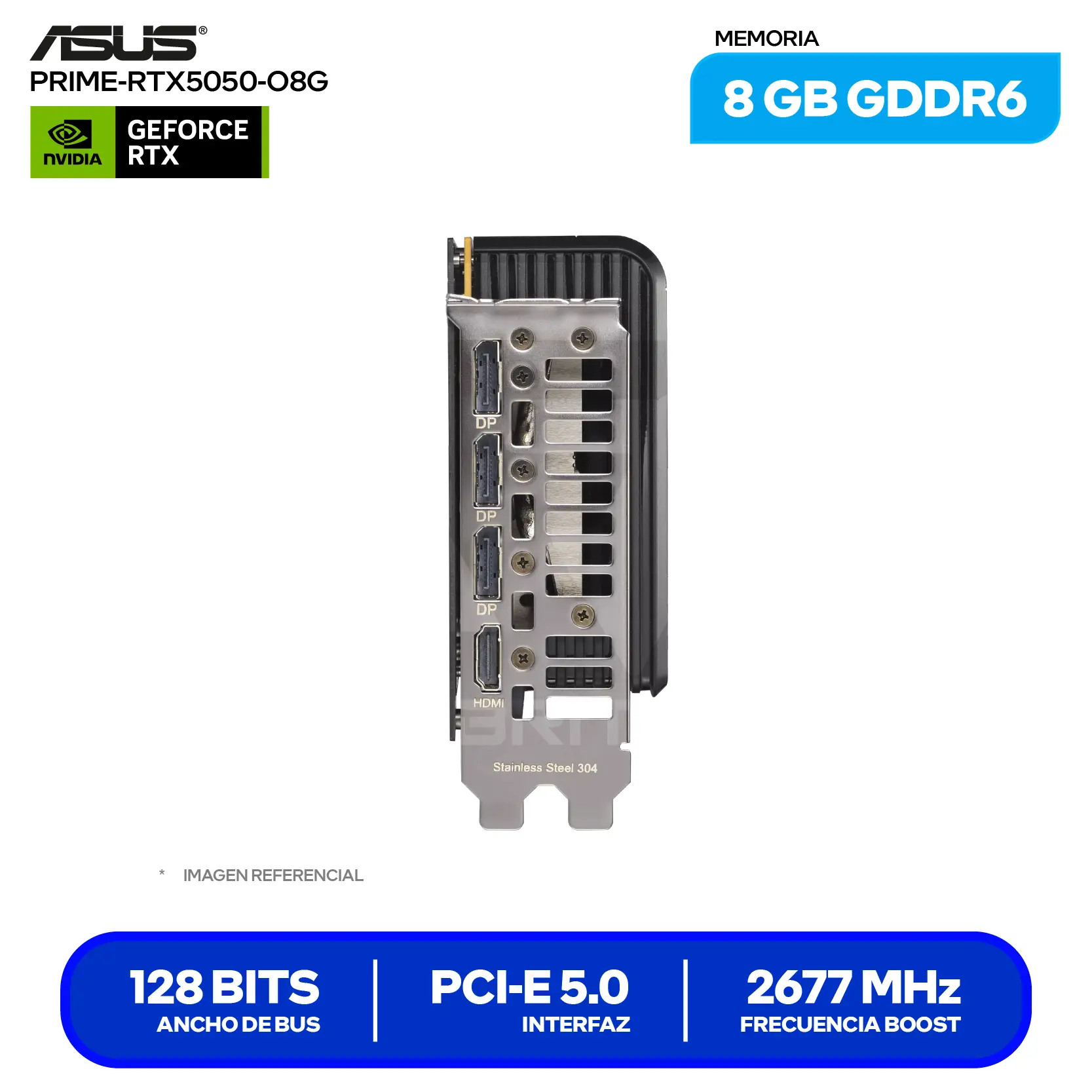 Tarjeta de video Asus Prime NVIDIA GeForce RTX 5050 8GB OC Edition (PRIME-RTX5050-O8G) GDDR6, 3x DisplayPort 2.1, 1x HDMI 2.1