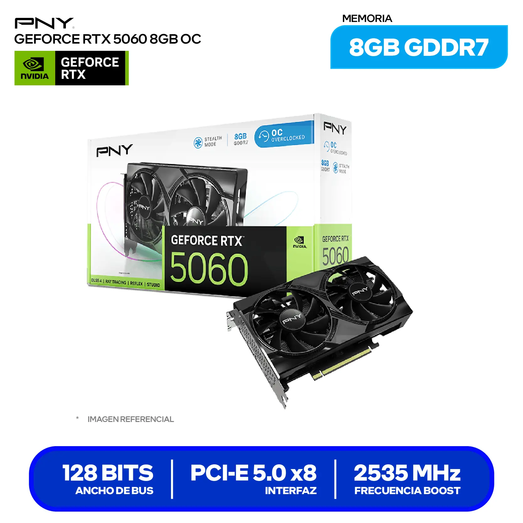 Tarjeta de video PNY GeForce NVIDIA RTX 5060 8GB OC (VCG50608DFXPB1-O) GDDR7, 3x DisplayPort 2.1, HDMI 2.1