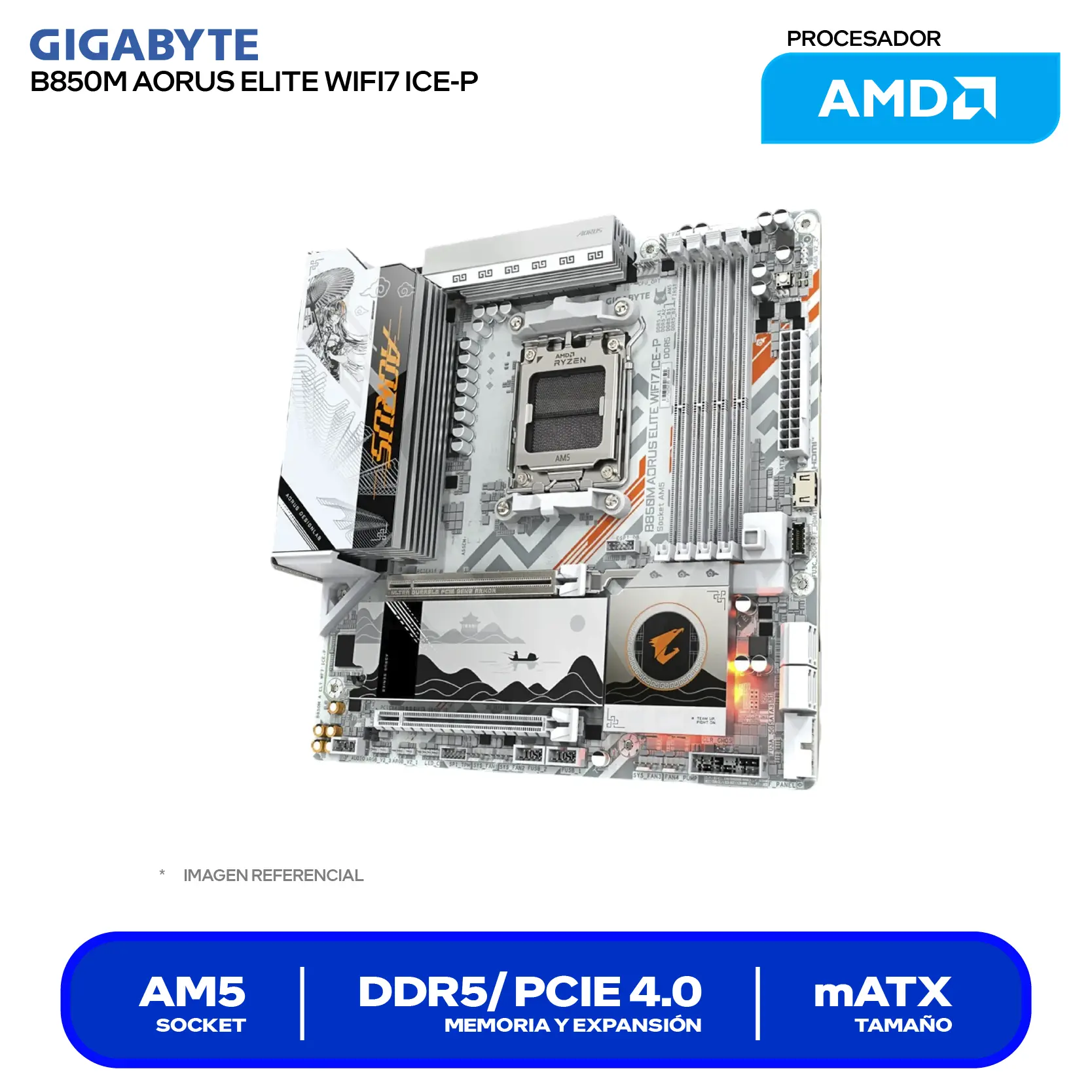 Placa madre Gigabyte B850M Aorus Elite WiFi7 ICE-P (9MB85ME7P-00-G11) AM5, DDR5, mATX, Wi-Fi 7