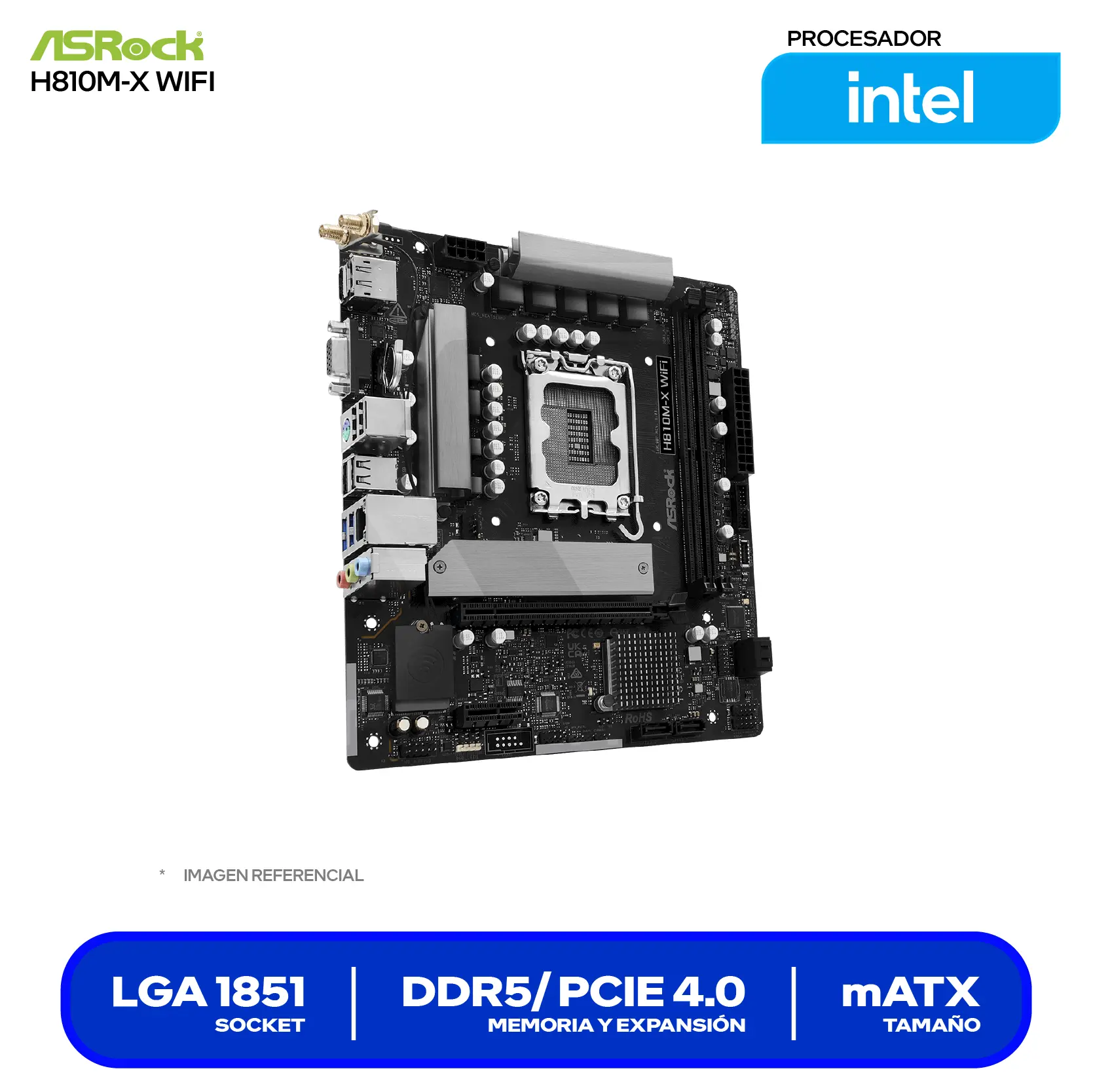 Placa Madre ASRock H810M-X WIFI (90-MXBS60-A0UAYAZ) LGA1851, DDR5, mTX