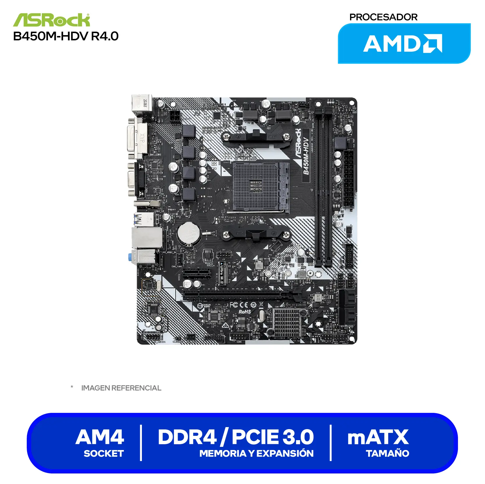 Placa Madre ASRock B450M-HDV R4.0 (90-MXB9N0-A0UAYZ) AM4, DDR4, mATX