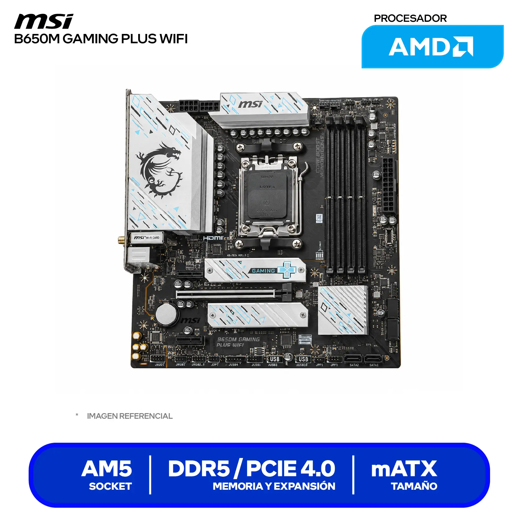 Placa Madre MSI B650M GAMING PLUS WIFI (B650M GAMING PLUS WIFI) AM5, DDR5, mATX, Wi-Fi 6E