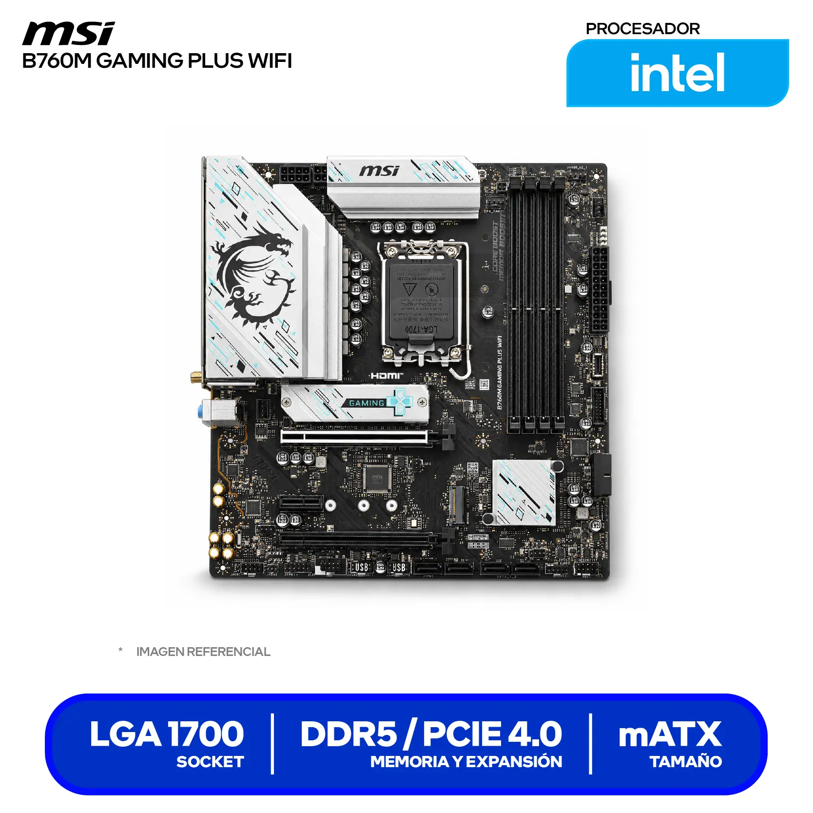 Placa Madre MSI B760M Gaming Plus WiFi (B760M GAMING PLUS WIFI) LGA1700, DDR5, mATX, Wi-Fi 6E