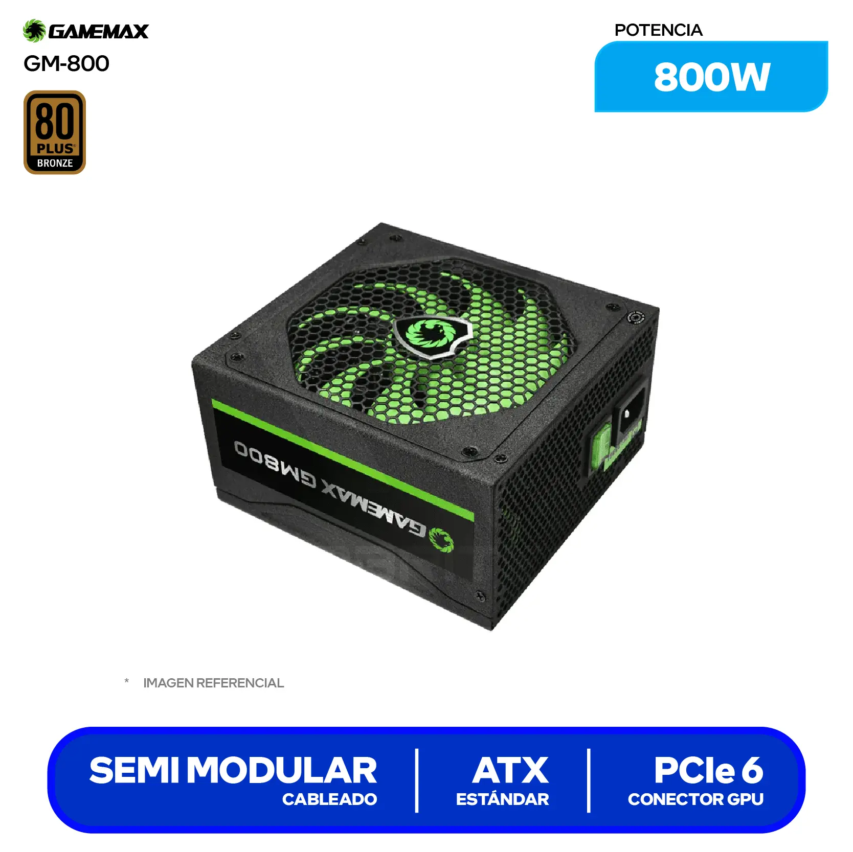 Fuente de Poder Gamemax 800W (GM-800) 80 Plus Bronze, Semi Modular