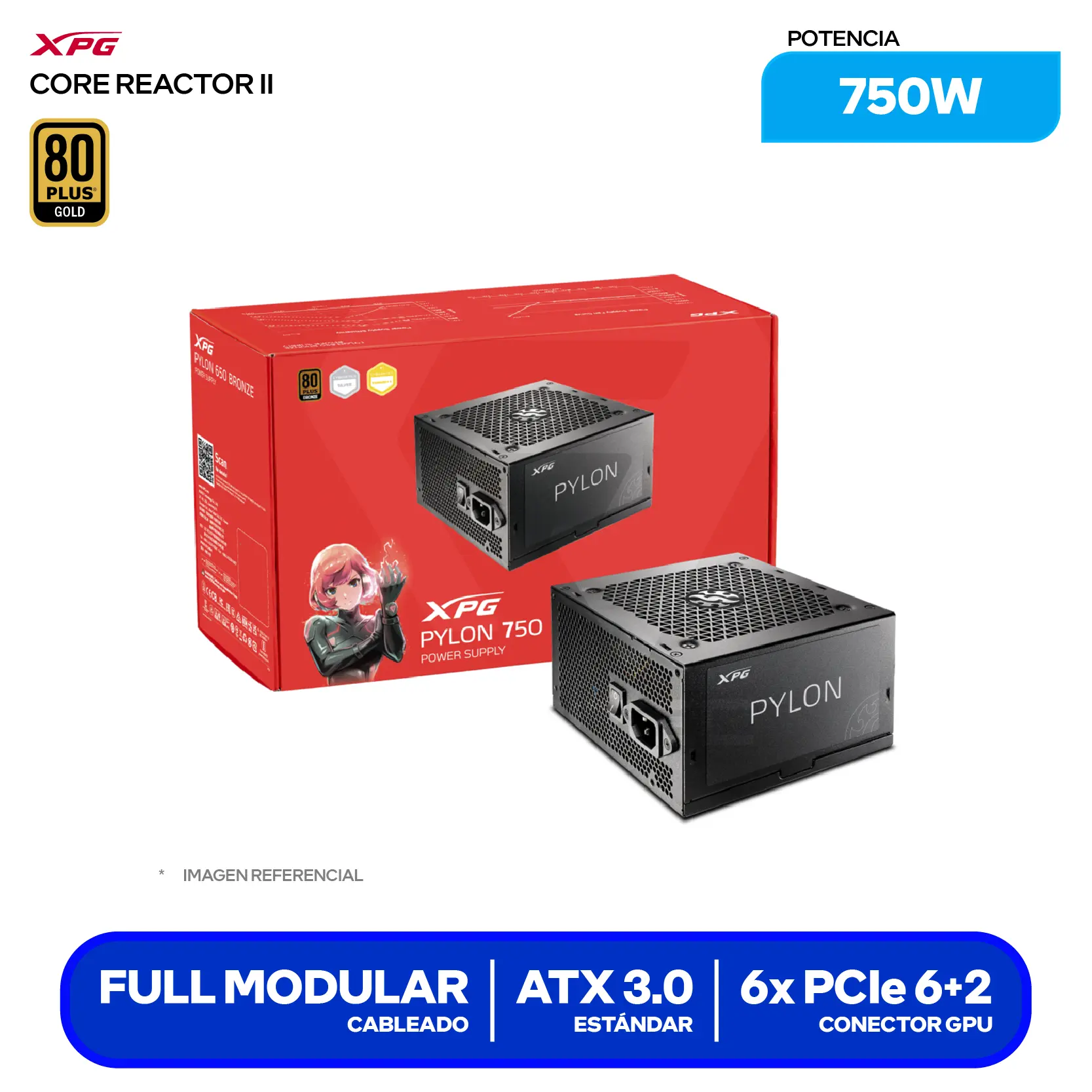 Fuente de Poder XPG Core Reactor II 750W (COREREACTORII750G-BKCUS) 80 Plus Gold, Full Modular