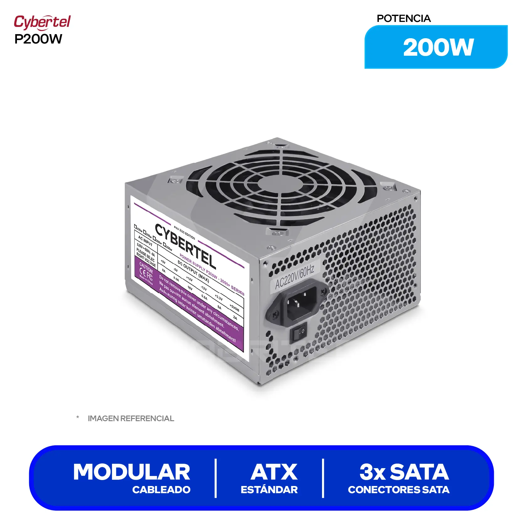 Fuente de Poder Cybertel Power Supply ATX 200W (P200W) No Modular