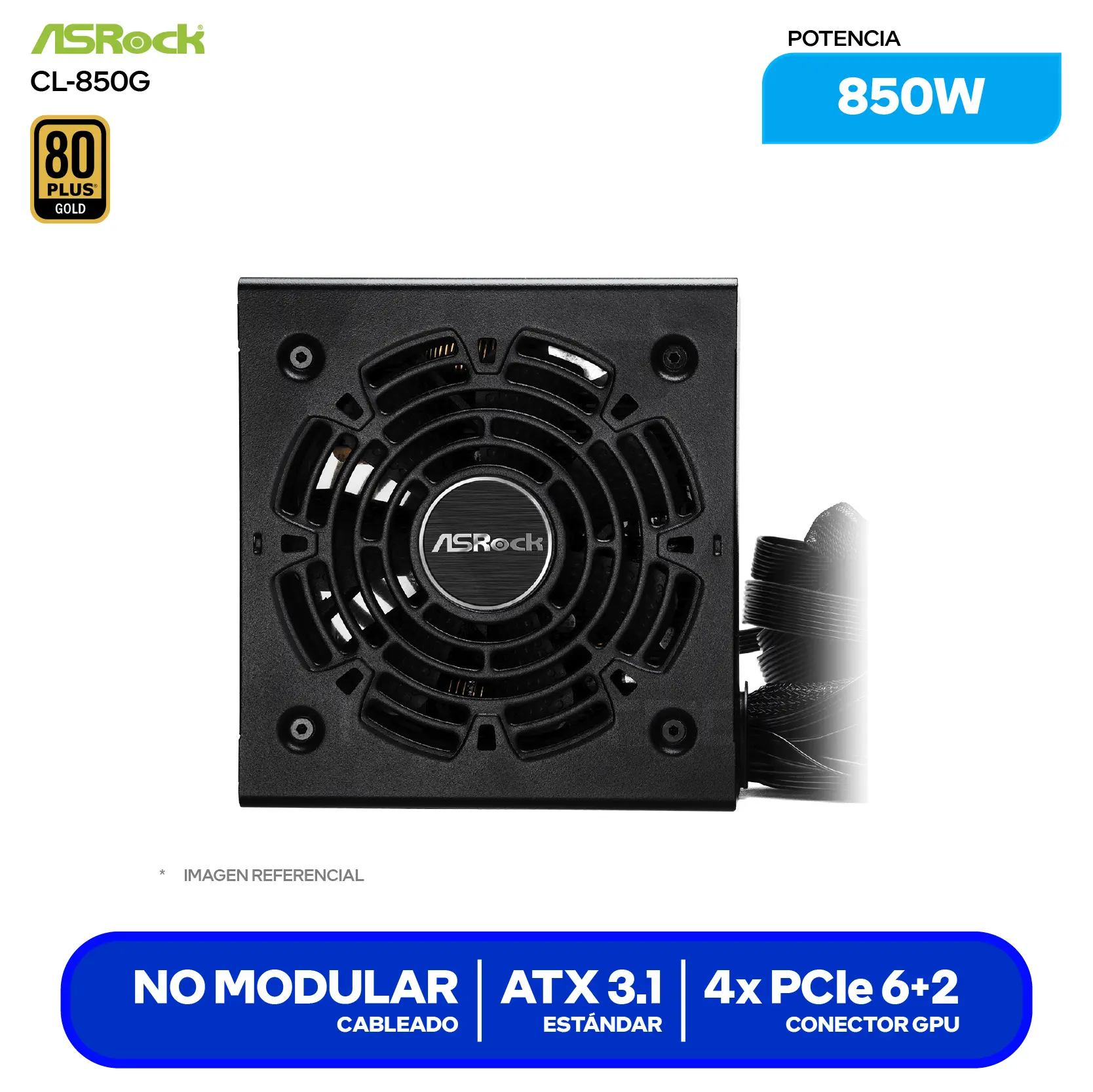 Fuente de Poder ASRock Challenger 850W (CL-850G) 80 Plus Gold, Semi Modular