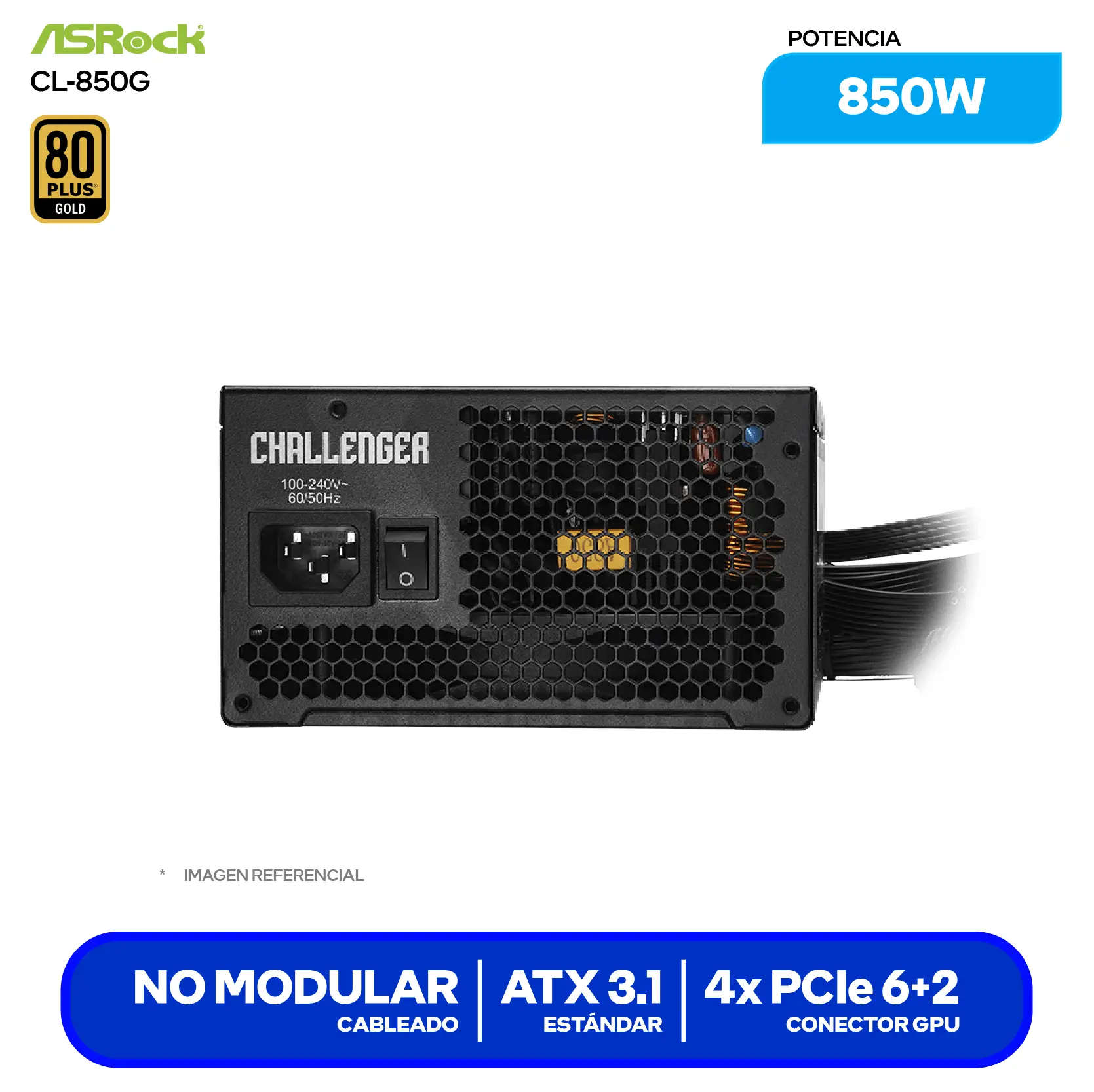 Fuente de Poder ASRock Challenger 850W (CL-850G) 80 Plus Gold, Semi Modular