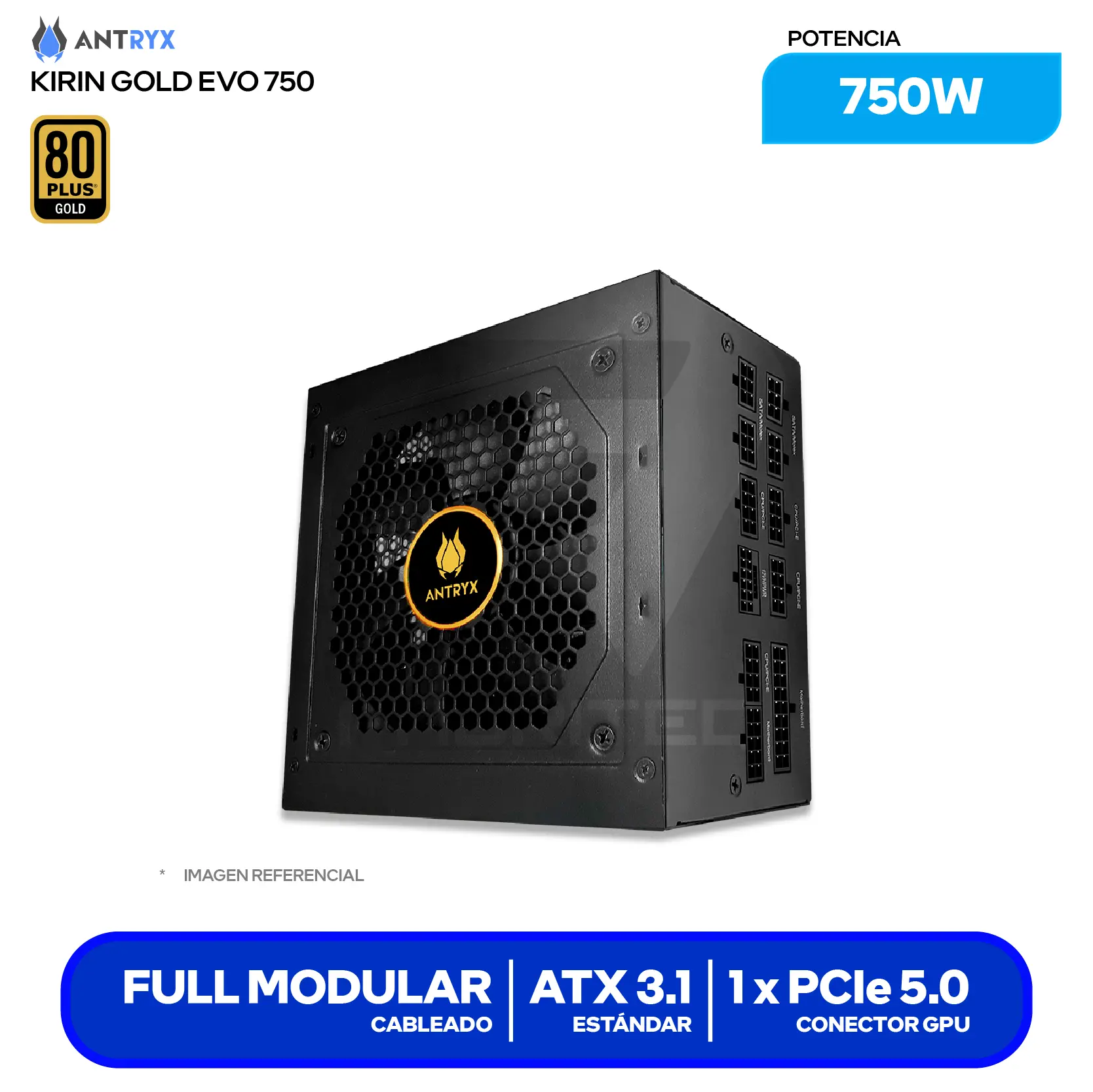 Fuente de Poder Antryx Kirin Gold EVO 750W (GPX750SE) 80 Plus Gold, Full Modular