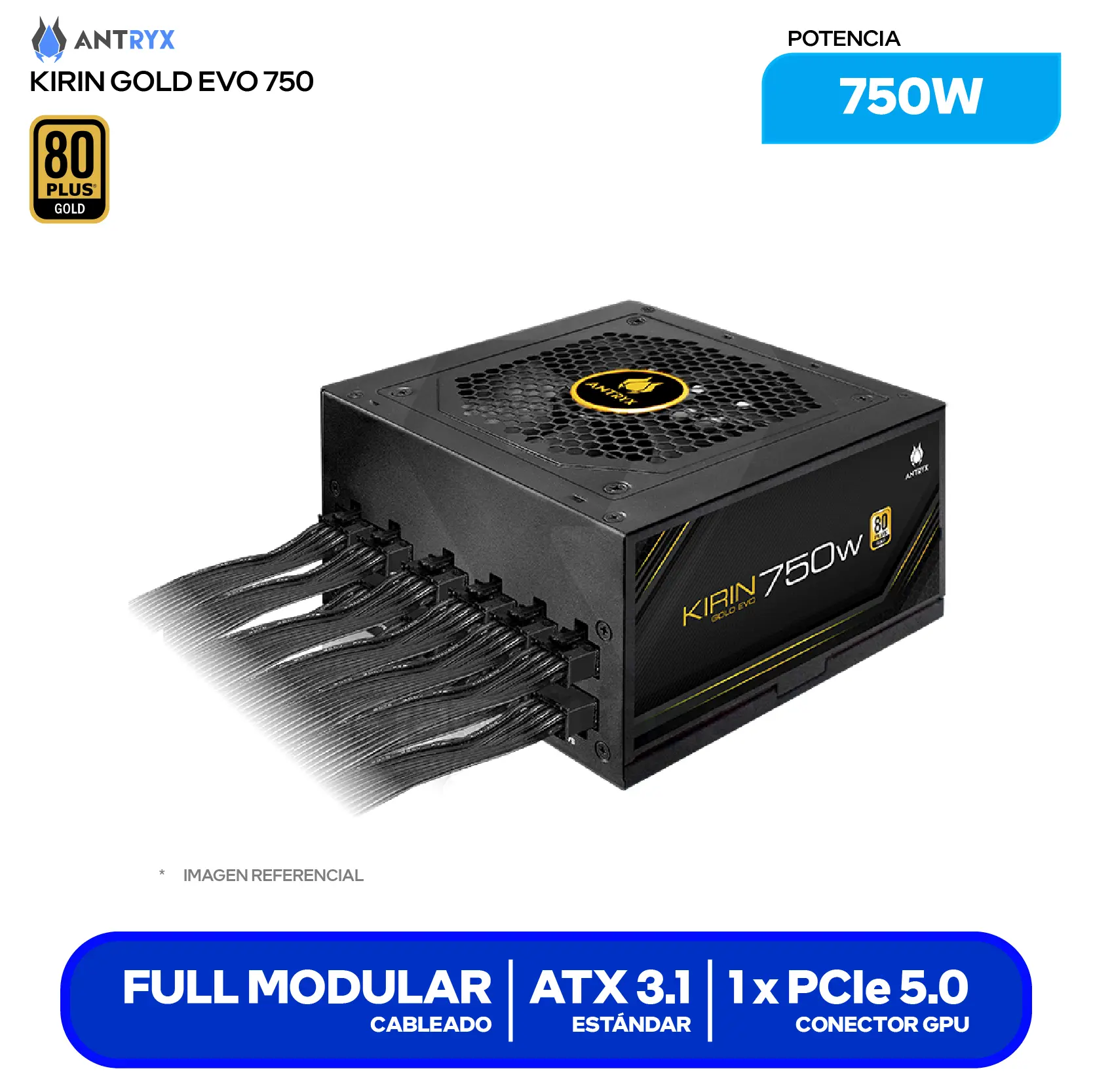 Fuente de Poder Antryx Kirin Gold EVO 750W (GPX750SE) 80 Plus Gold, Full Modular