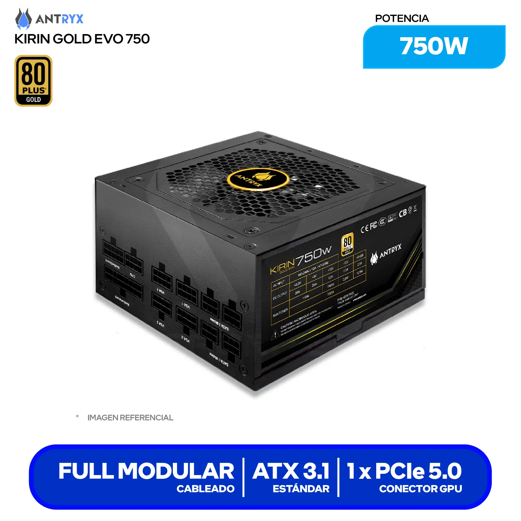 Fuente de Poder Antryx Kirin Gold EVO 750W (GPX750SE) 80 Plus Gold, Full Modular