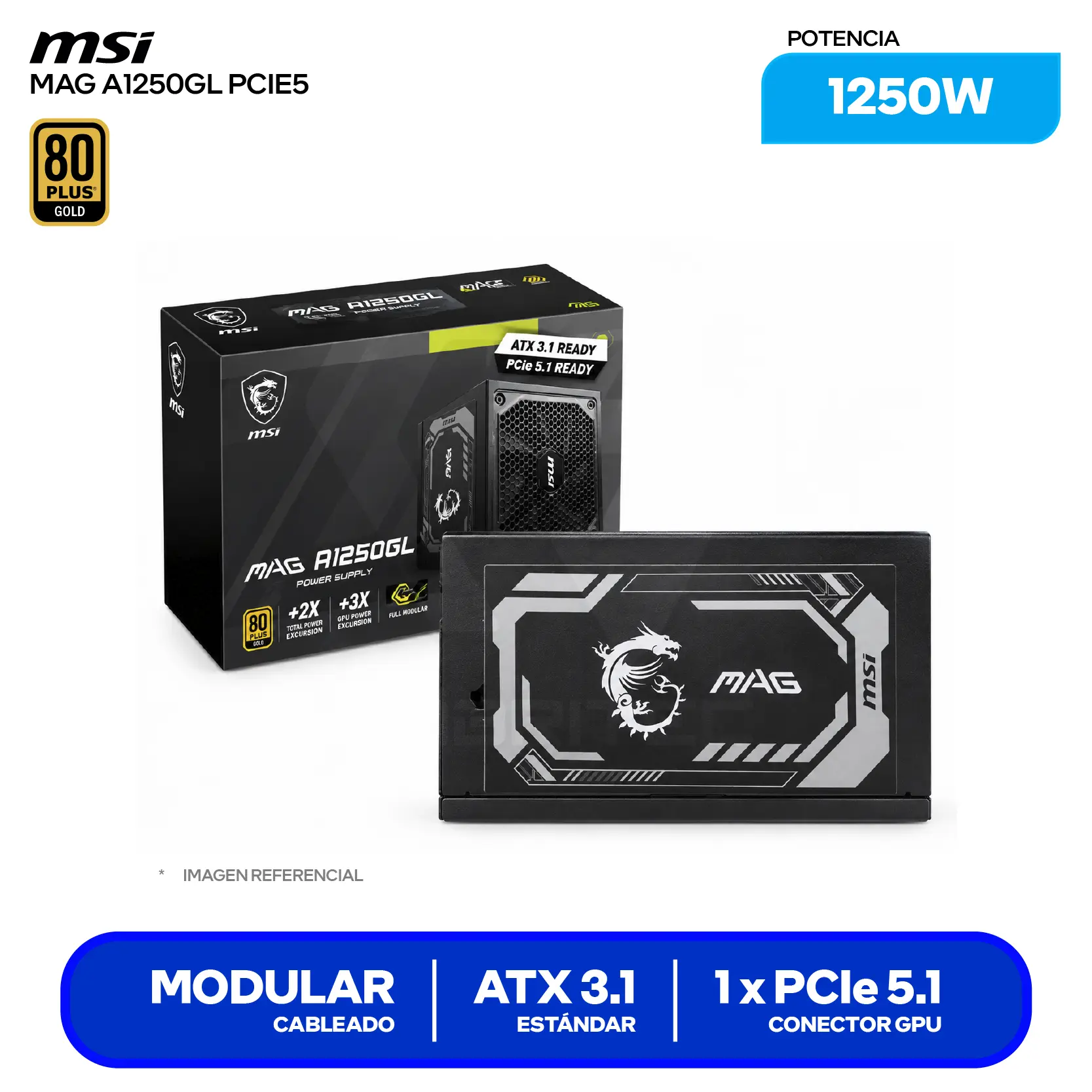 Fuente de Poder MSI MAG A1250GL PCIE5 1250W (MAG A1250GL PCIE5) 80 Plus Gold, Full Modular