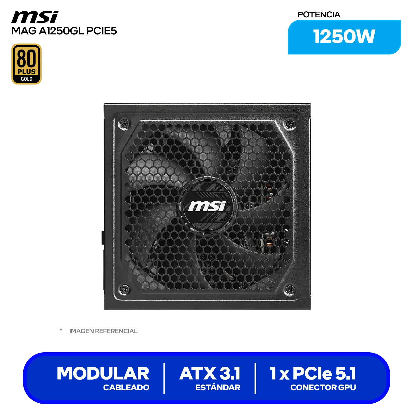 Fuente de Poder MSI MAG A1250GL PCIE5 1250W (MAG A1250GL PCIE5) 80 Plus Gold, Full Modular