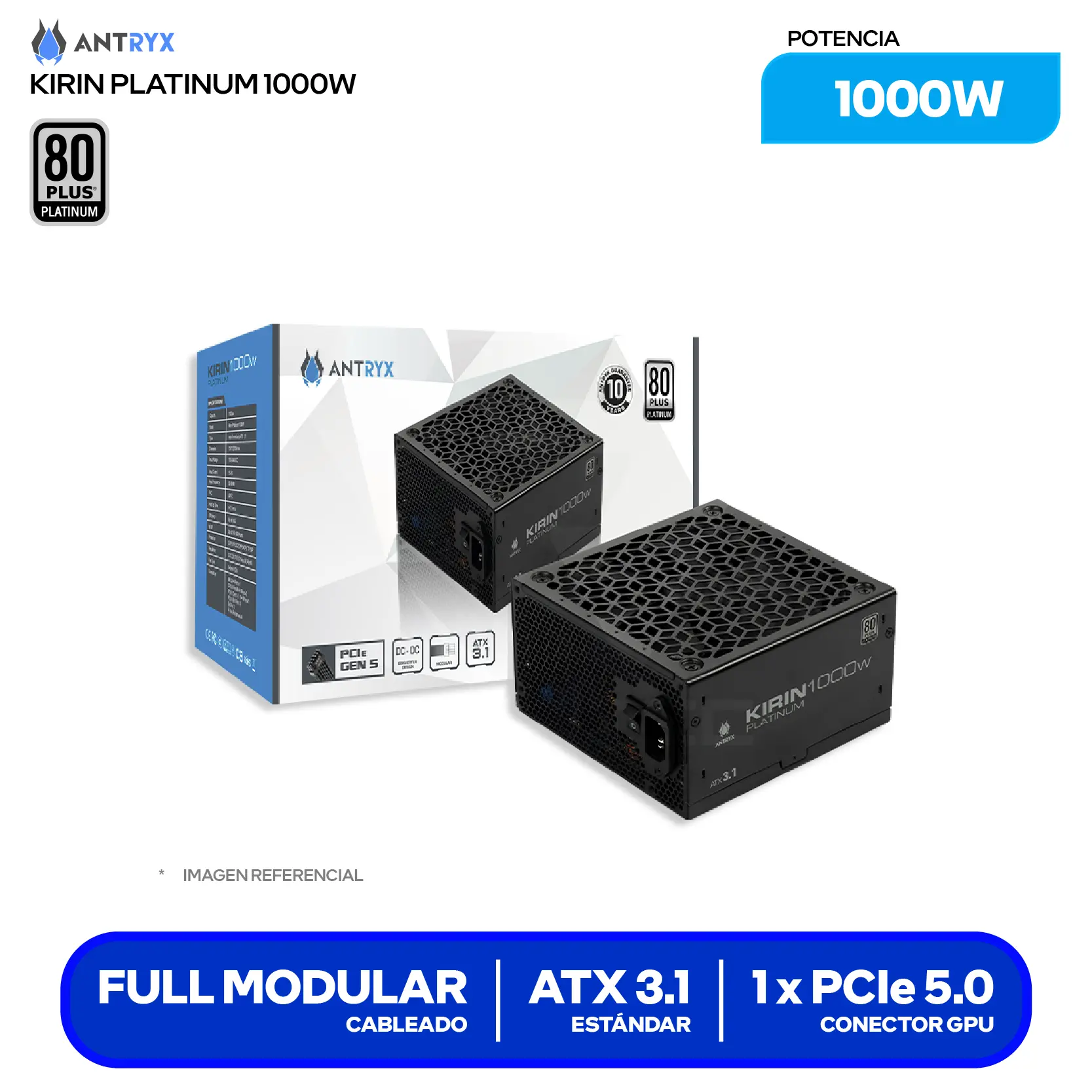 Fuente de Poder Antryx Kirin Platinum 1000W (XPH1000-A) 80 Plus Platinum, Full Modular