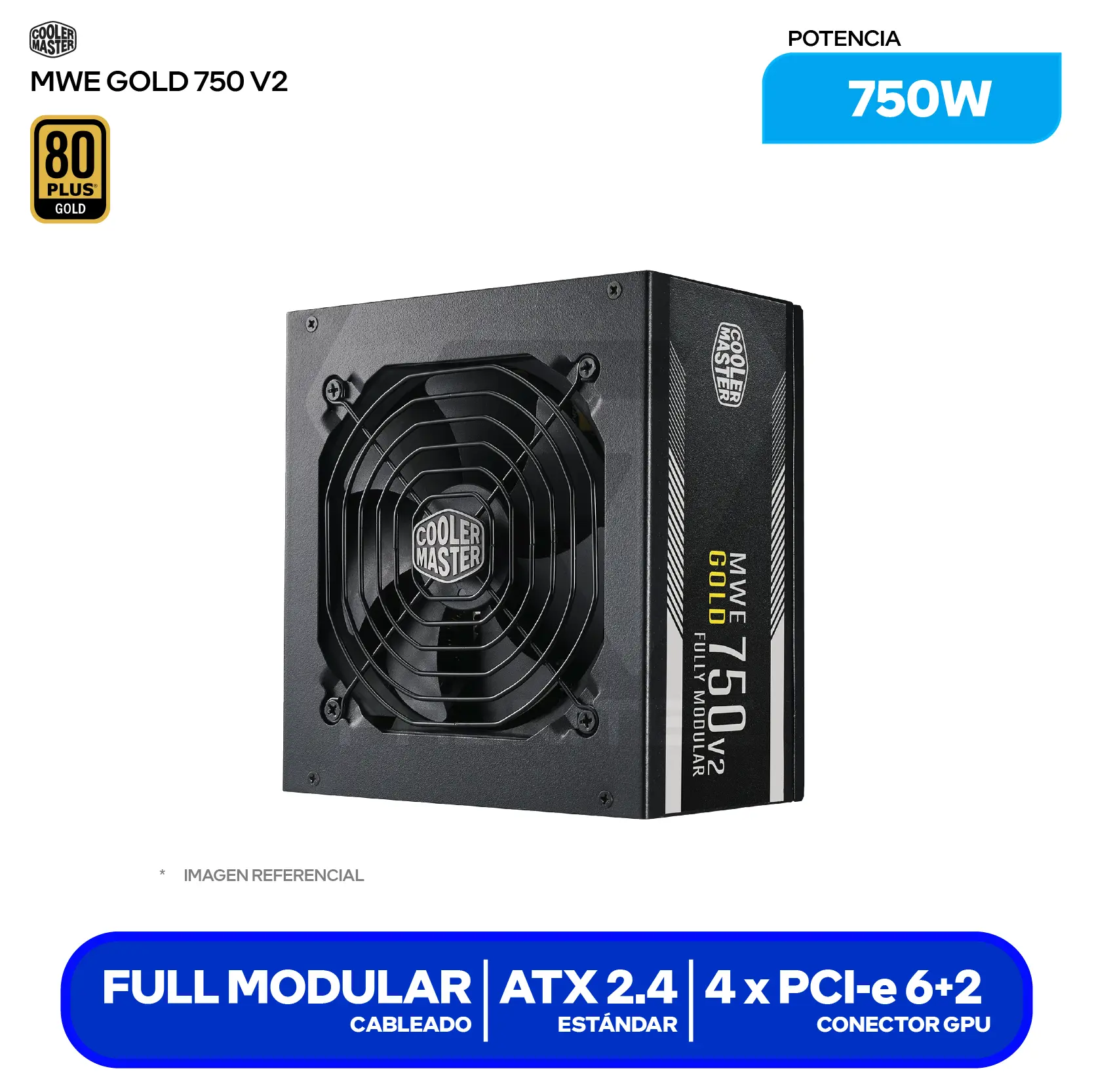 Fuente de Poder Cooler Master MWE Gold 750 V2 750W (MPE-7501-AFAAG-U2) 80 Plus Gold, Full Modular